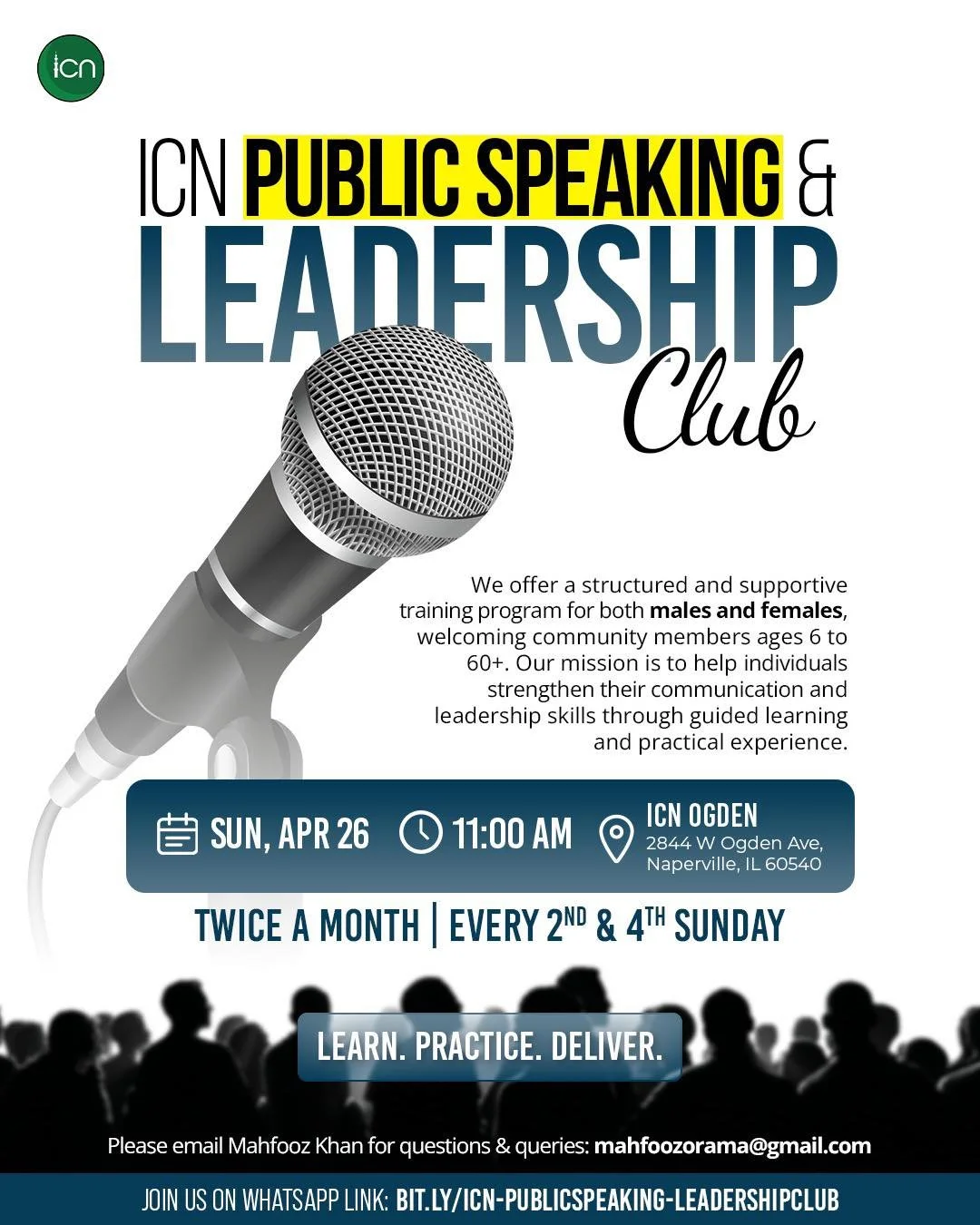 🎤 ICN Public Speaking &amp; Leadership Club

A structured and supportive training program for  males &amp; females (ages 6&ndash;60+)

🎯 Our Mission:
To help individuals strengthen their communication and leadership skills through guided learning a