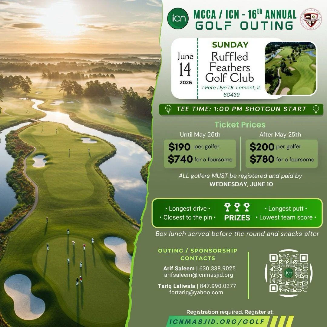 Calling all Golfers!🏌️ 
Registration is open for *ICN&rsquo;s Annual Golf Outing.  Ticket prices to increase after May 25th.
Sponsorship opportunities also available. Registration and other details on  icnmasjid.org/golf