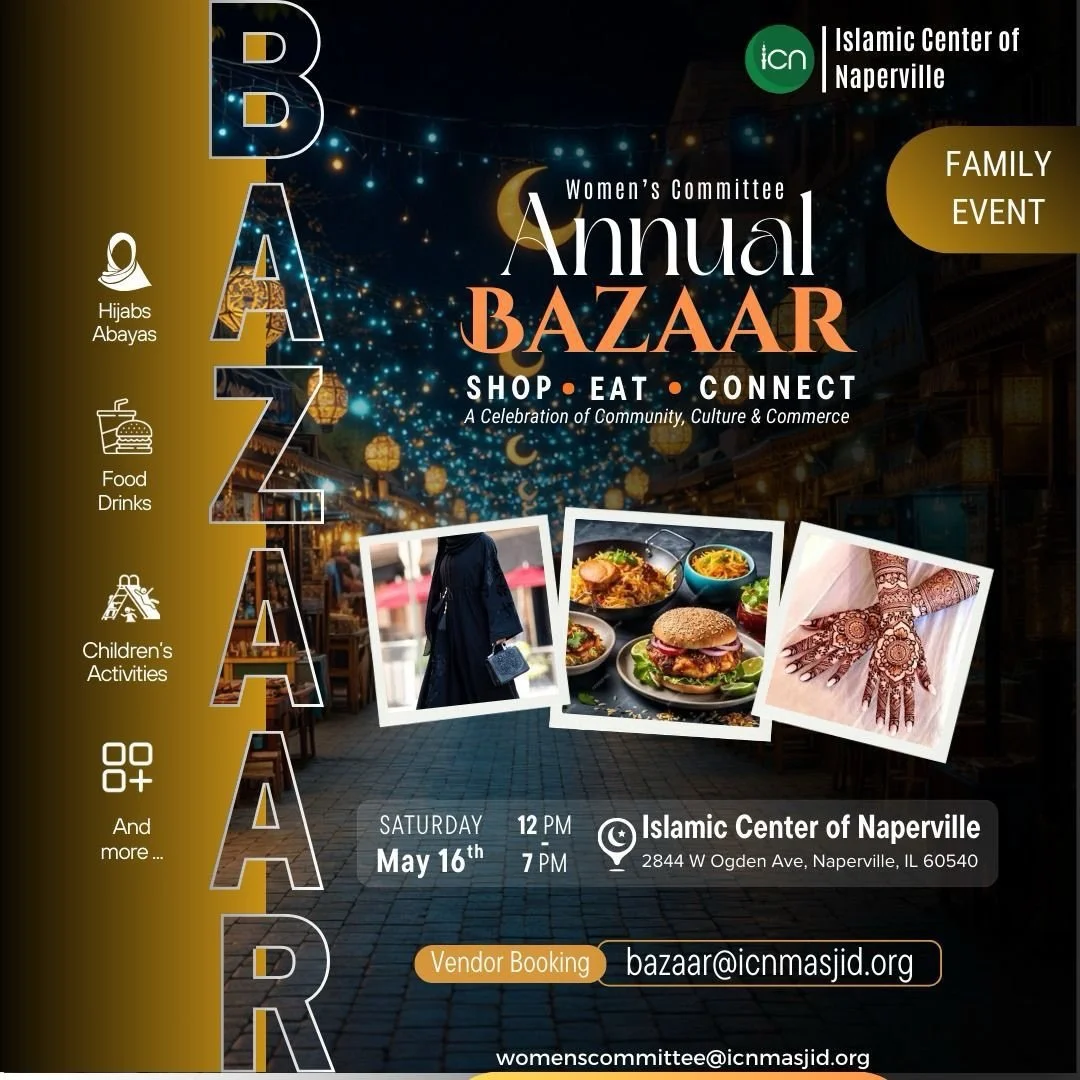 Assalaamualaikum,
Please join us today at ICN&rsquo;s Annual Bazaar from 12:00 PM to 7:00 PM at ICN Ogden!
It&rsquo;s an event for the whole family.
Come enjoy:
Shopping &bull; Chaat &bull; Biryani &bull; Matcha &bull; Cookies &bull; Drinks &bull; Ch