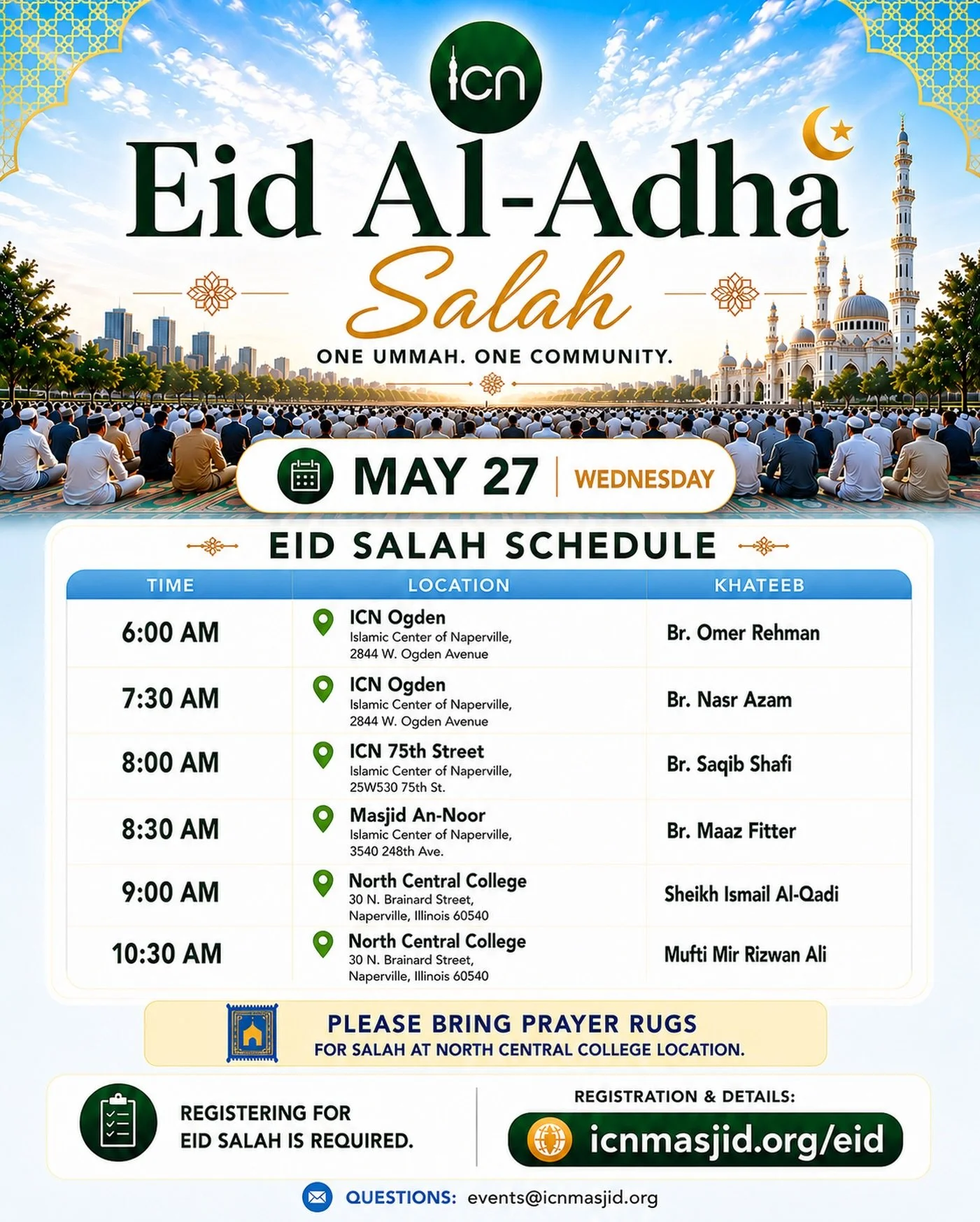 📢 Community Update from ICN - 6 AM Eid Salah added

Based on community feedback, ICN has added a 6:00 AM Eid Salah at ICN Ogden to help accommodate #highschool #students with #finals.

May Allah (SWT) grant all students success, ease, and barakah in