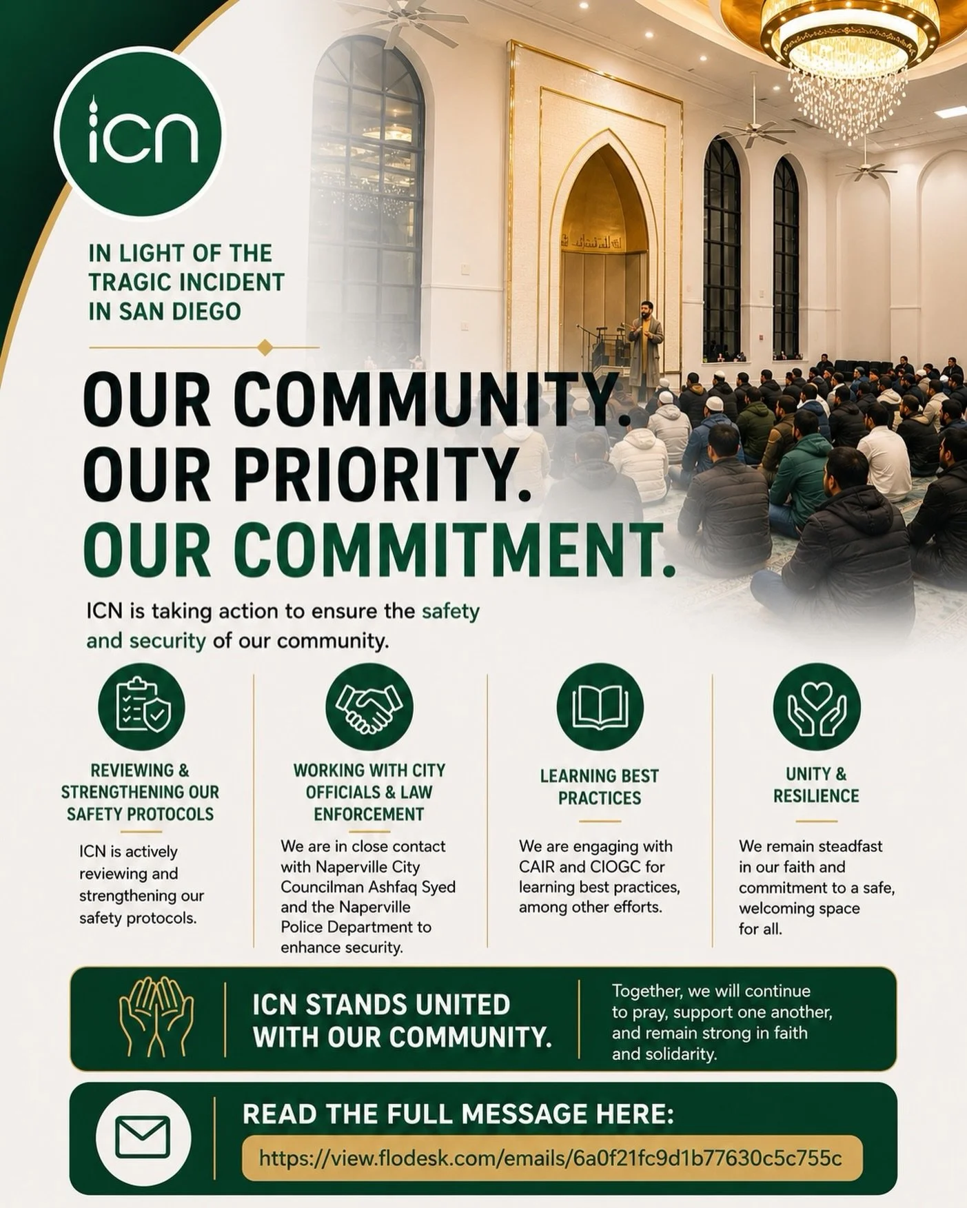 Asalaamu alaikum. We hope you saw the ICN Statement and Preparation in light of the San Diego tragedy that was emailed to the community.
ICN is working with our Naperville City Councilman @ashfaqfornaperville to arrange presentations and additional s