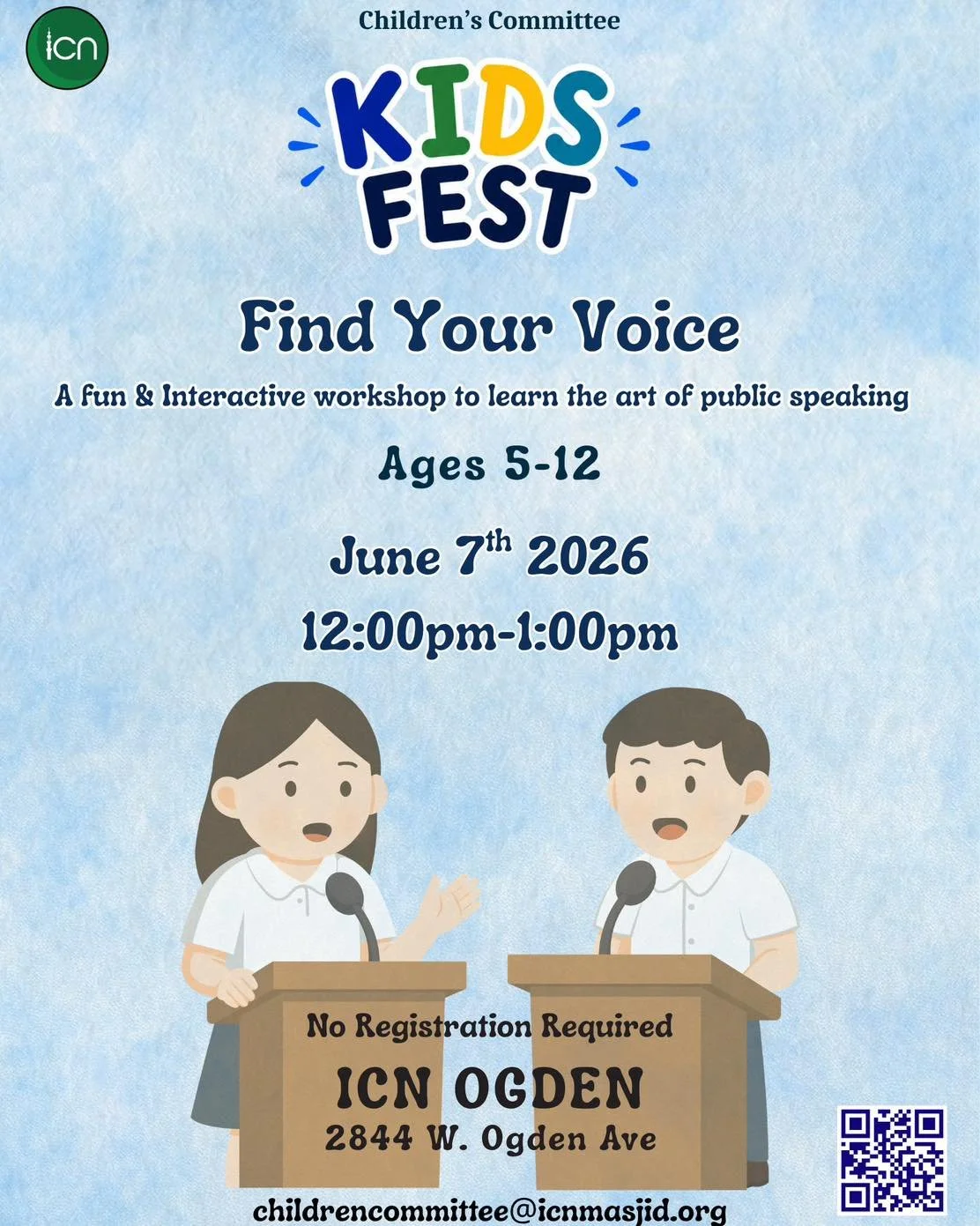 Find Your Voice at Kids Fest! 🎤

Join us for a fun and interactive Public Speaking workshop where children will build confidence, learn to express their ideas clearly, and practice speaking in front of others in a supportive environment.

📅 June 7,