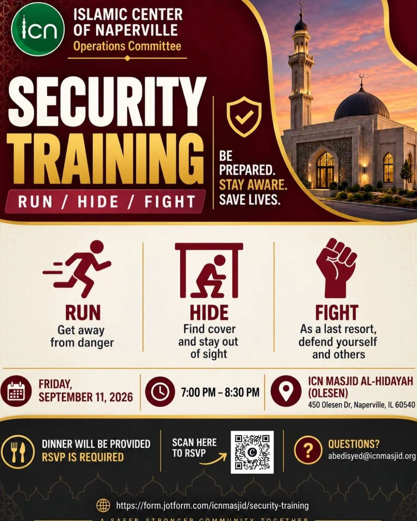 KEEPING OUR COMMUNITY SAFE &mdash; SECURITY TRAINING CONTINUES AT ICN

With security remaining an important concern for our masajid and community, ICN is continuing its Run / Hide / Fight Security Training series.

Following successful training sessi