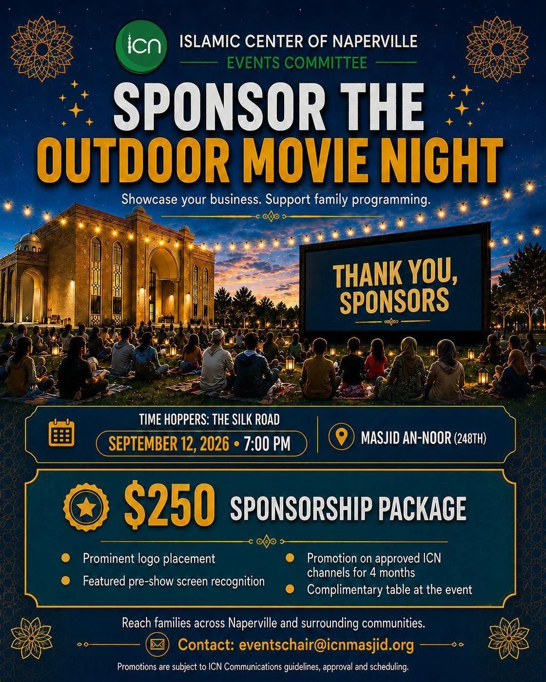 Showcase your business while supporting family programming at ICN.

Sponsor ICN&rsquo;s Outdoor Movie Night for $250 and receive prominent logo placement, pre-show recognition, four months of promotion across approved ICN communication channels, and 