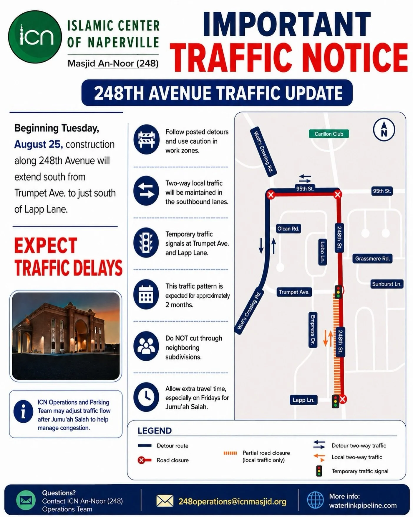 Important Traffic Notice &ndash; ICN An-Noor (248)

Beginning Tuesday, August 25, construction along 248th Avenue will extend from Trumpet Ave. to just south of Lapp Lane.

Please follow posted traffic directions, allow extra travel time, and do not 