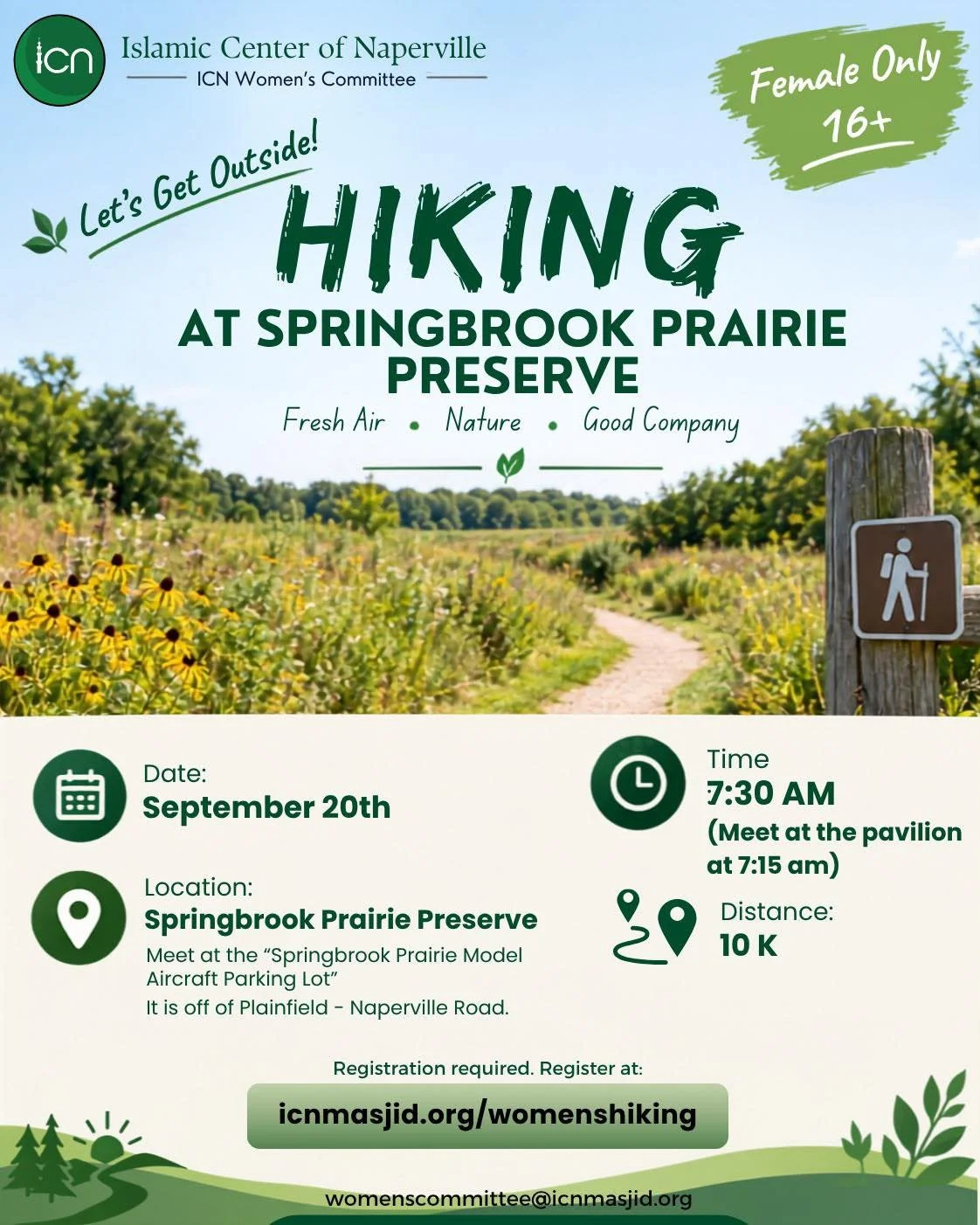 🌿🥾 Let&rsquo;s Get Outside!🥾🌿

Join the ICN Women&rsquo;s Committee for a refreshing morning hike at Springbrook Prairie Preserve! 🌸🌳

Enjoy some fresh air, beautiful nature, and good company while getting your steps in. 😊

📅 Date: September 