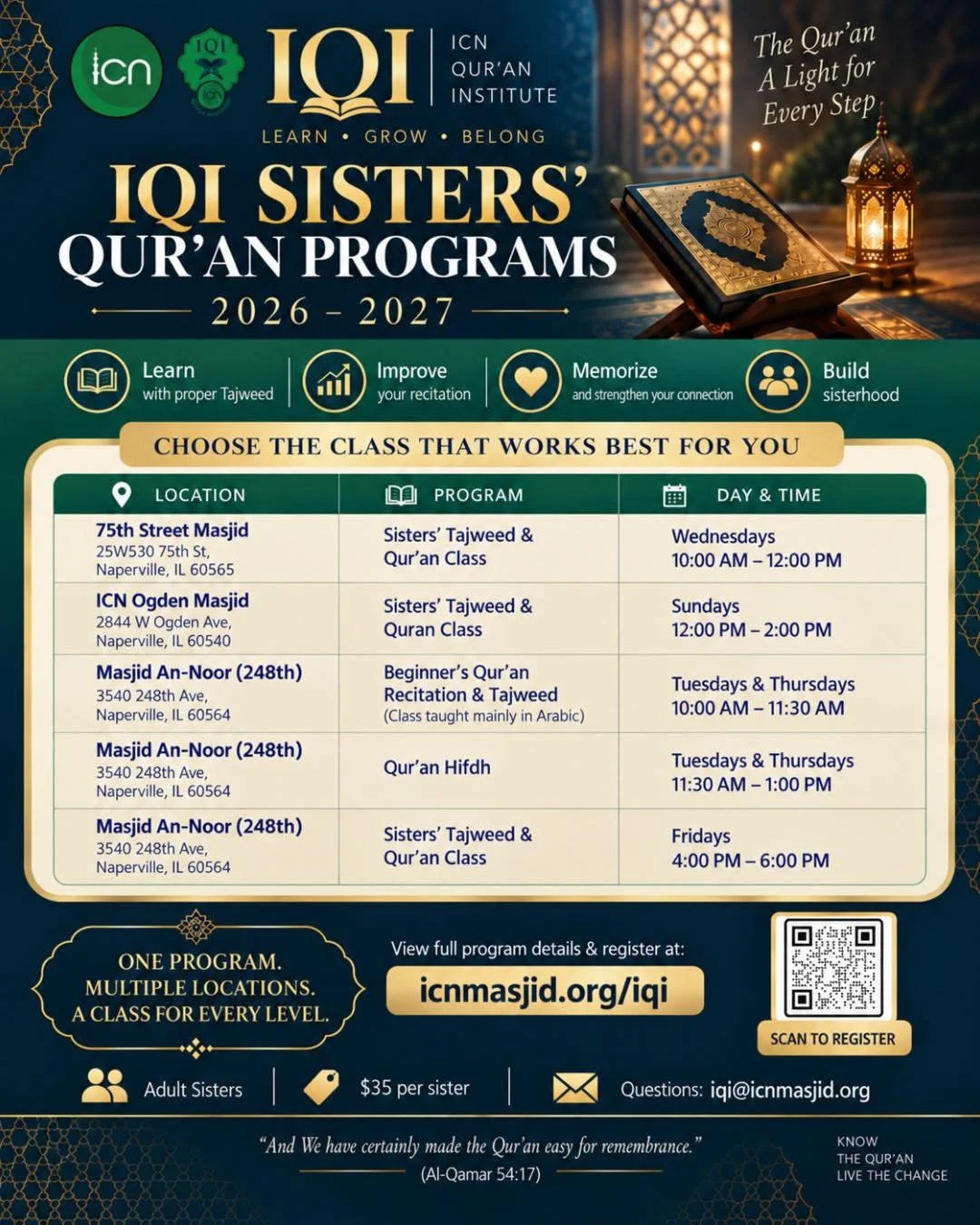 📖✨ IQI Sisters&rsquo; Qur&rsquo;an Programs 2026&ndash;27✨📖

Alhamdulillah! Registration is open for IQI Sisters&rsquo; Qur&rsquo;an Programs &mdash; offering classes for different levels and at multiple locations. 🌿

Whether you&rsquo;re looking 