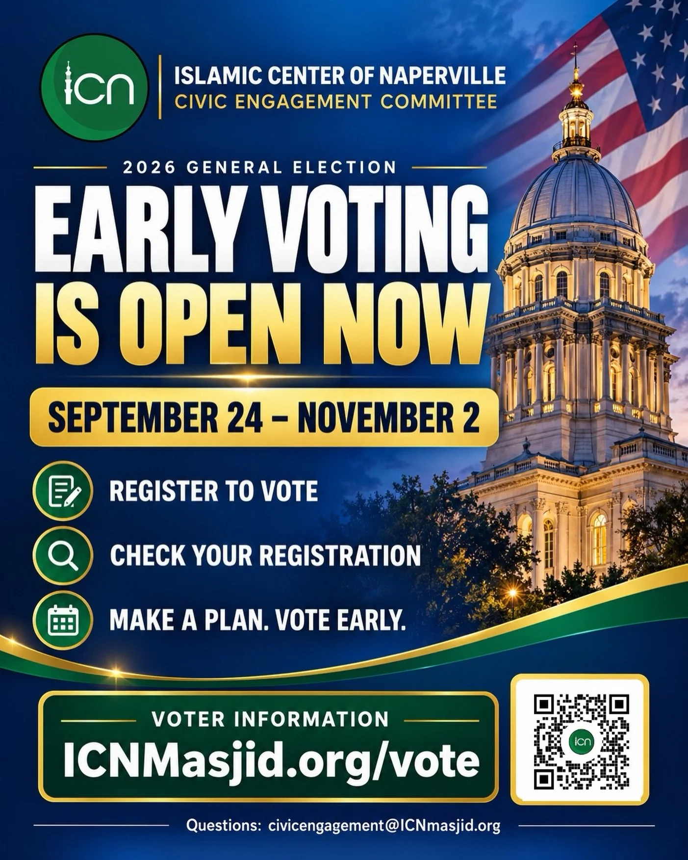 🗳️ EARLY VOTING IS OPEN NOW - GENERAL ELECTIONS 2026!

Asalaamu alaikum. Don&rsquo;t wait until Election Day, November 3RD. Check your voter registration, review early-voting locations and hours, and make your plan to vote. Early voting continues th