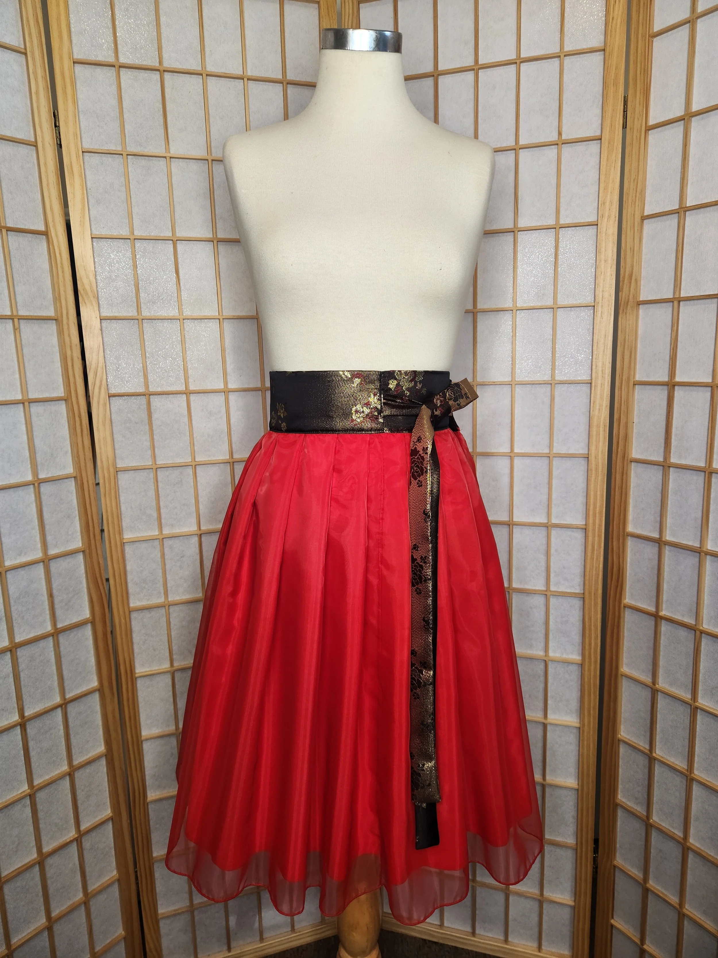 [M-2XL] Contemporary Hanbok Skirt - Red & Black Floral