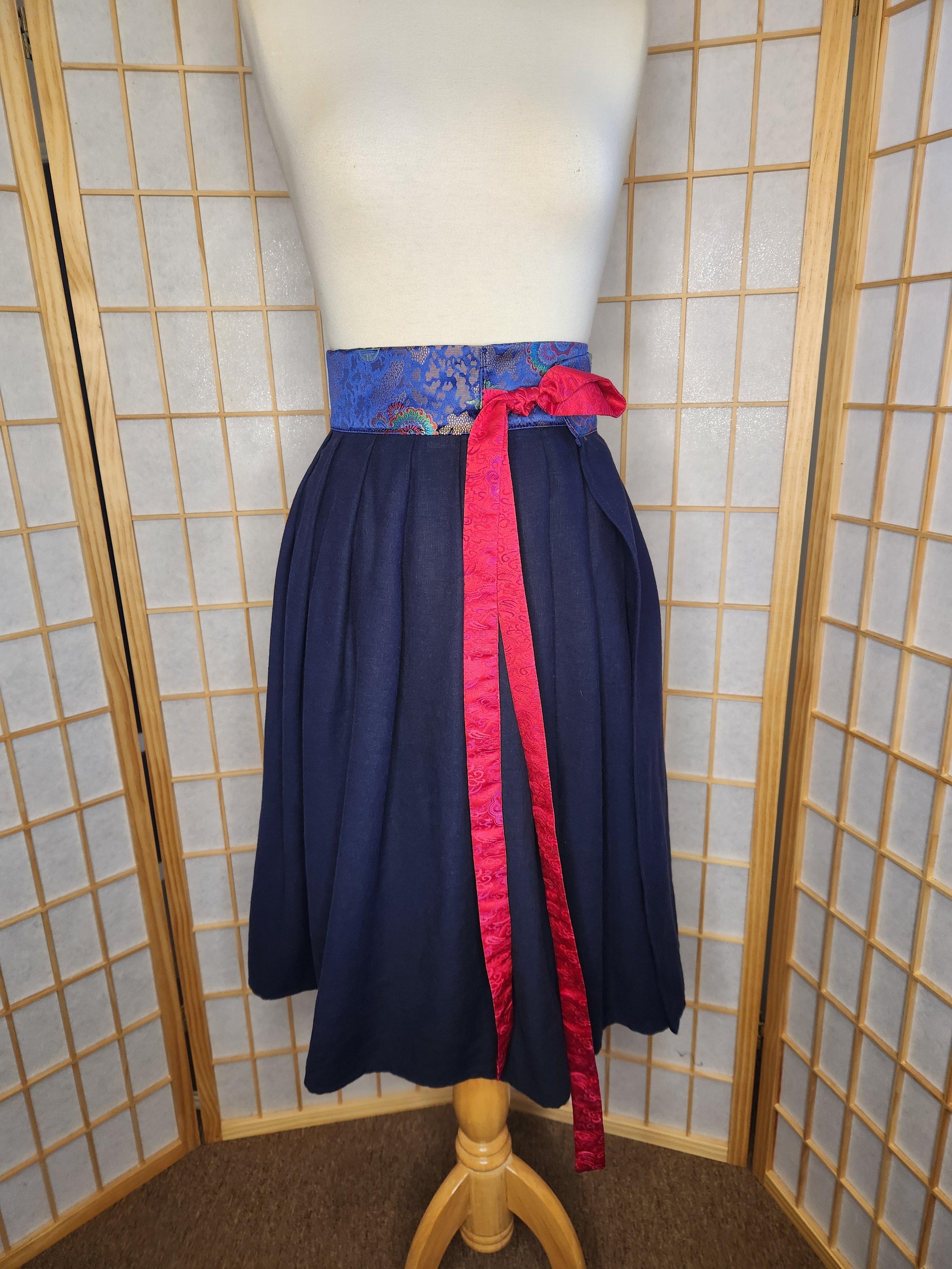 Contemporary Hanbok Skirt - Navy & Red Linen