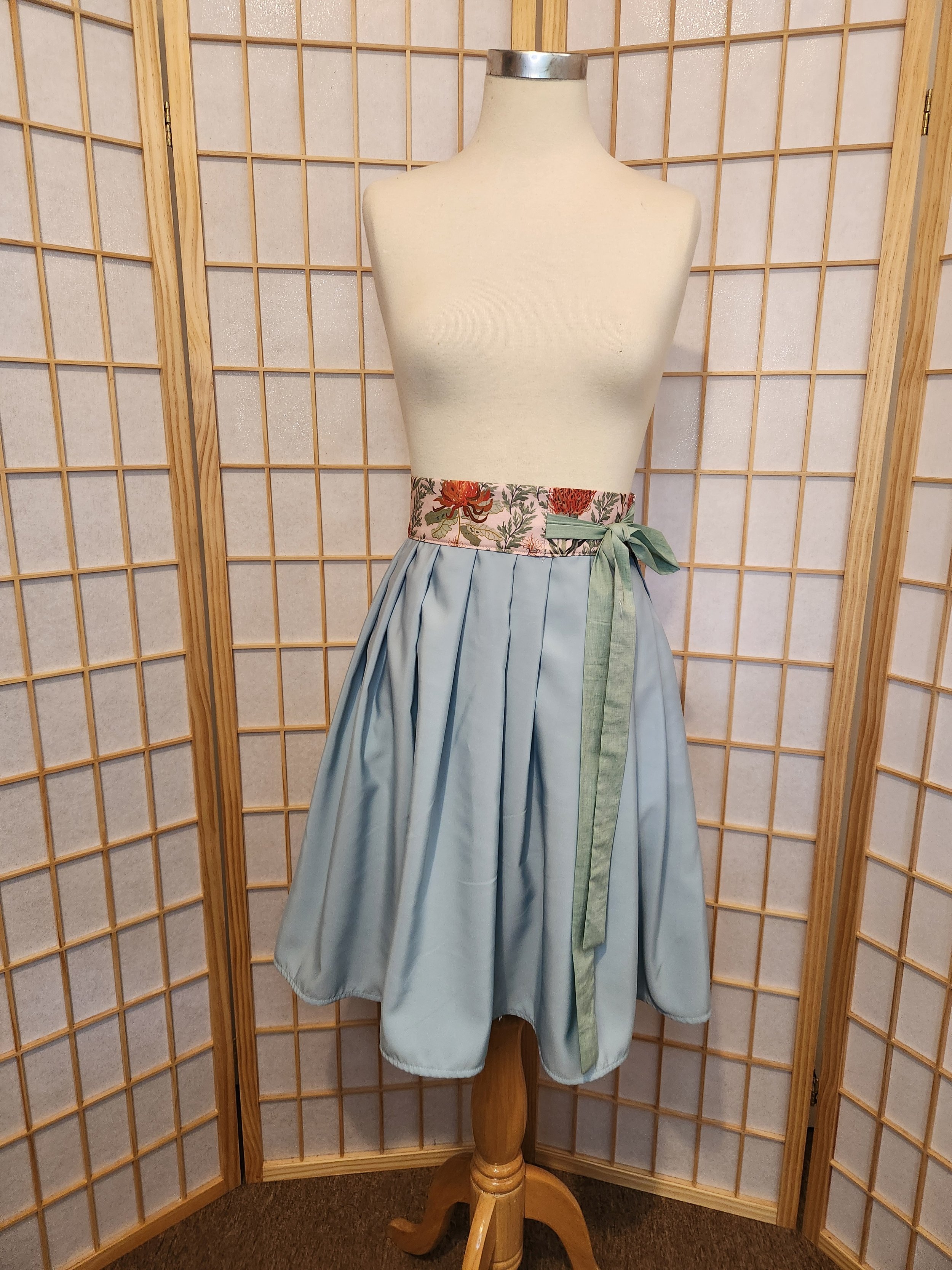 Contemporary Hanbok Skirt - Un-lined Pale Bue & Pink Native Print