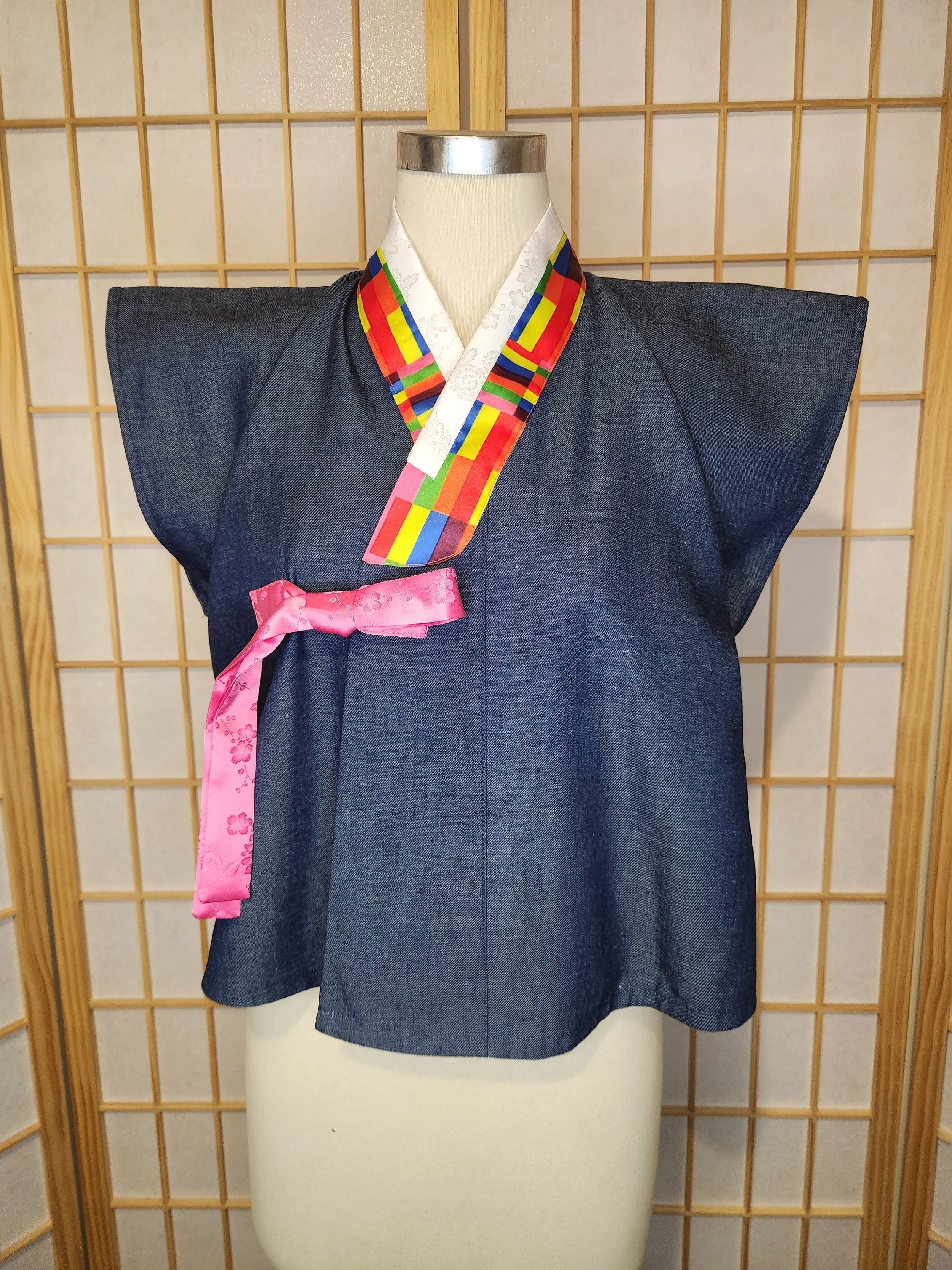 [L] Contemporary Hanbok Style Top - Navy Denim w Saekdong Collar