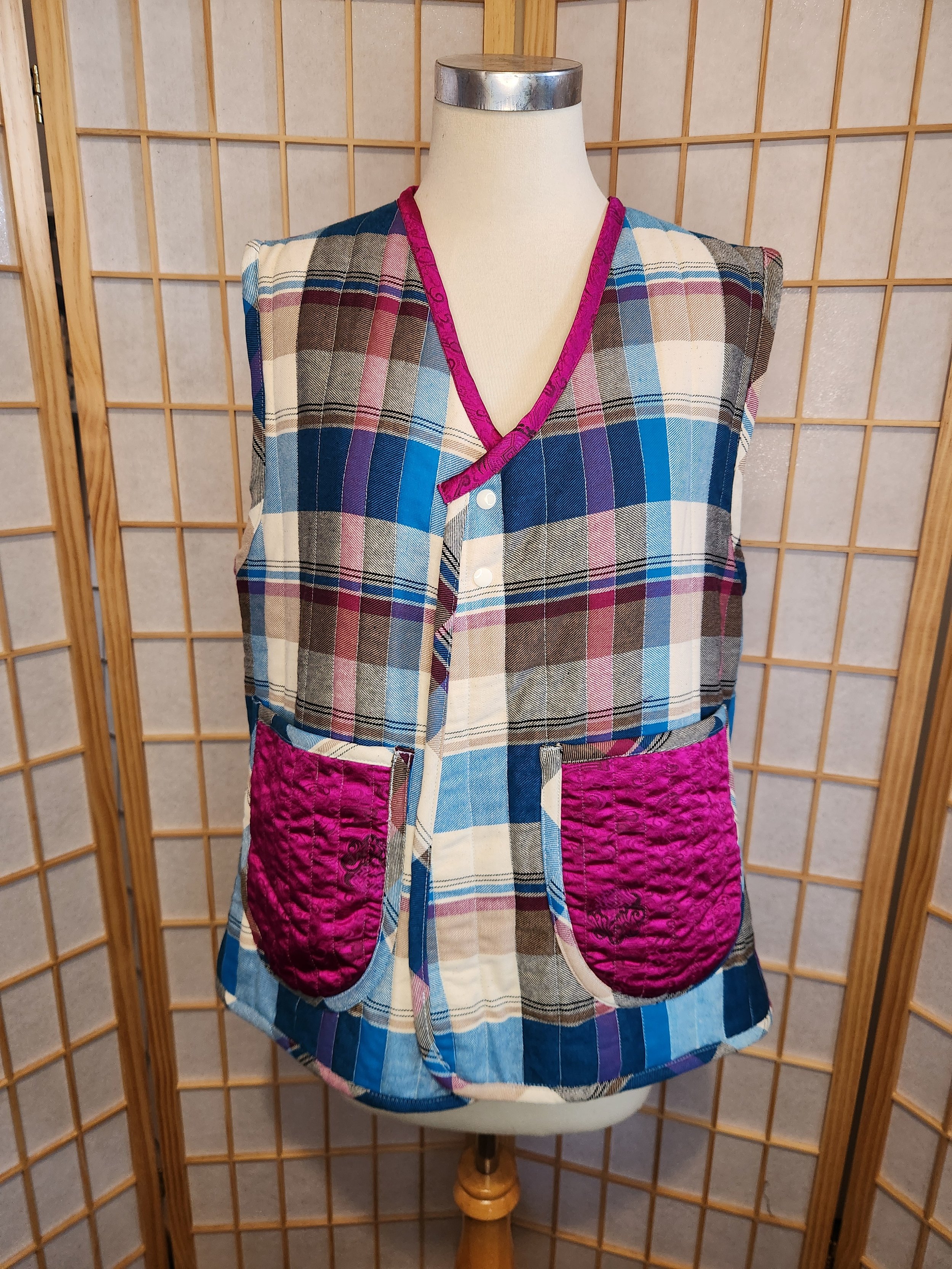 [L] Womens Winter Hanbok Vest (배자) w Arm Warmers - Blue Plaid
