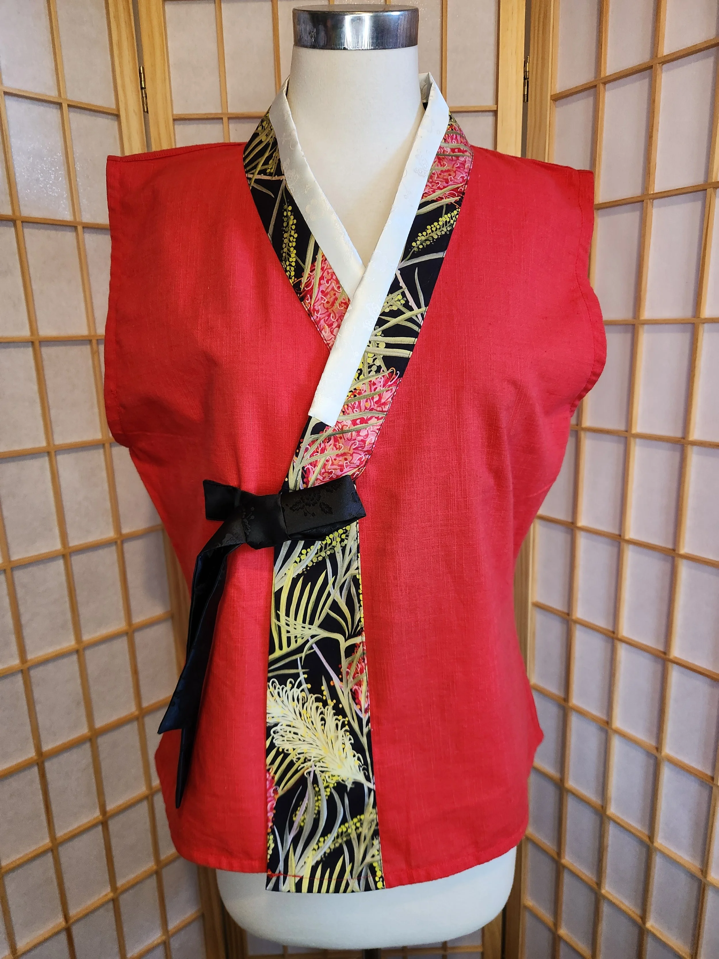 [M] Contemporary Hanbok Style Top - Red & Black w Native Print Cotton