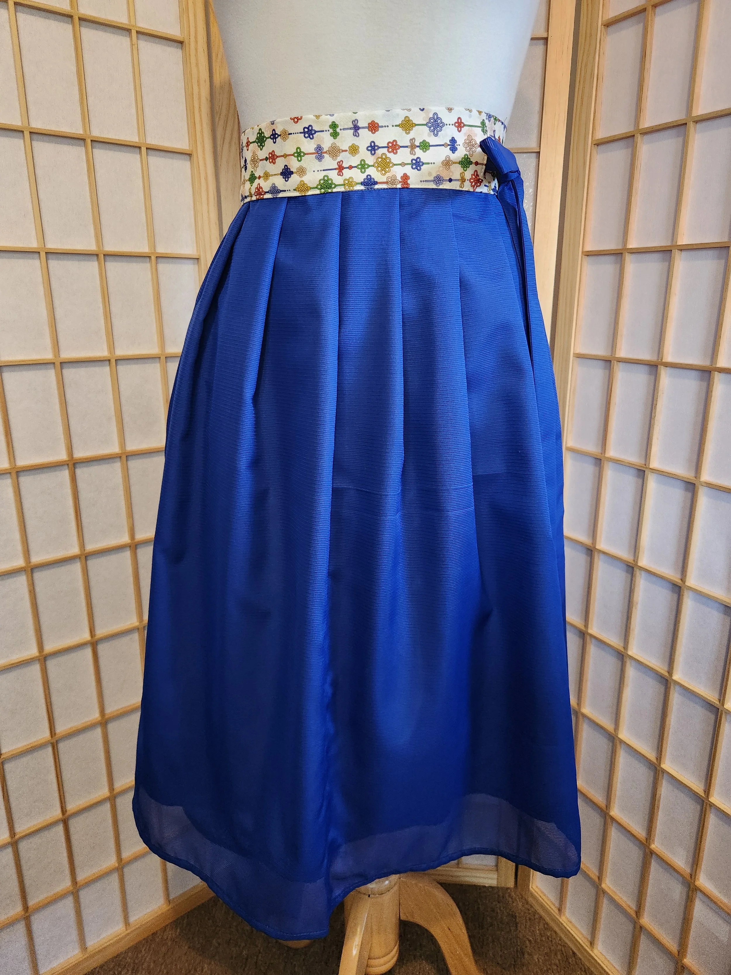 Contemporary Hanbok Skirt - Lined  Blue w Maedup Print Waistband