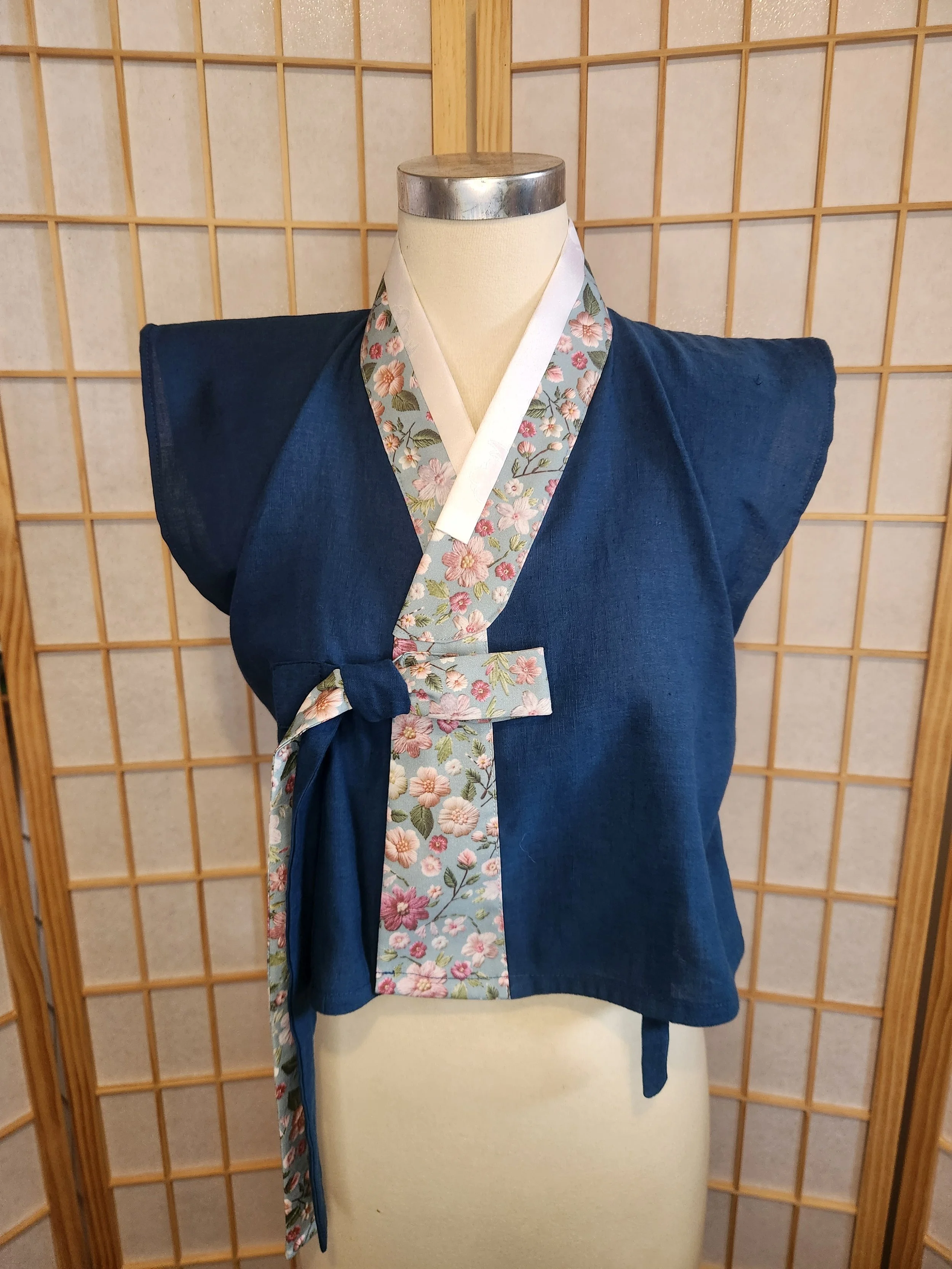 [S] Contemporary Hanbok Mid Style Top - Teal Blue Florals