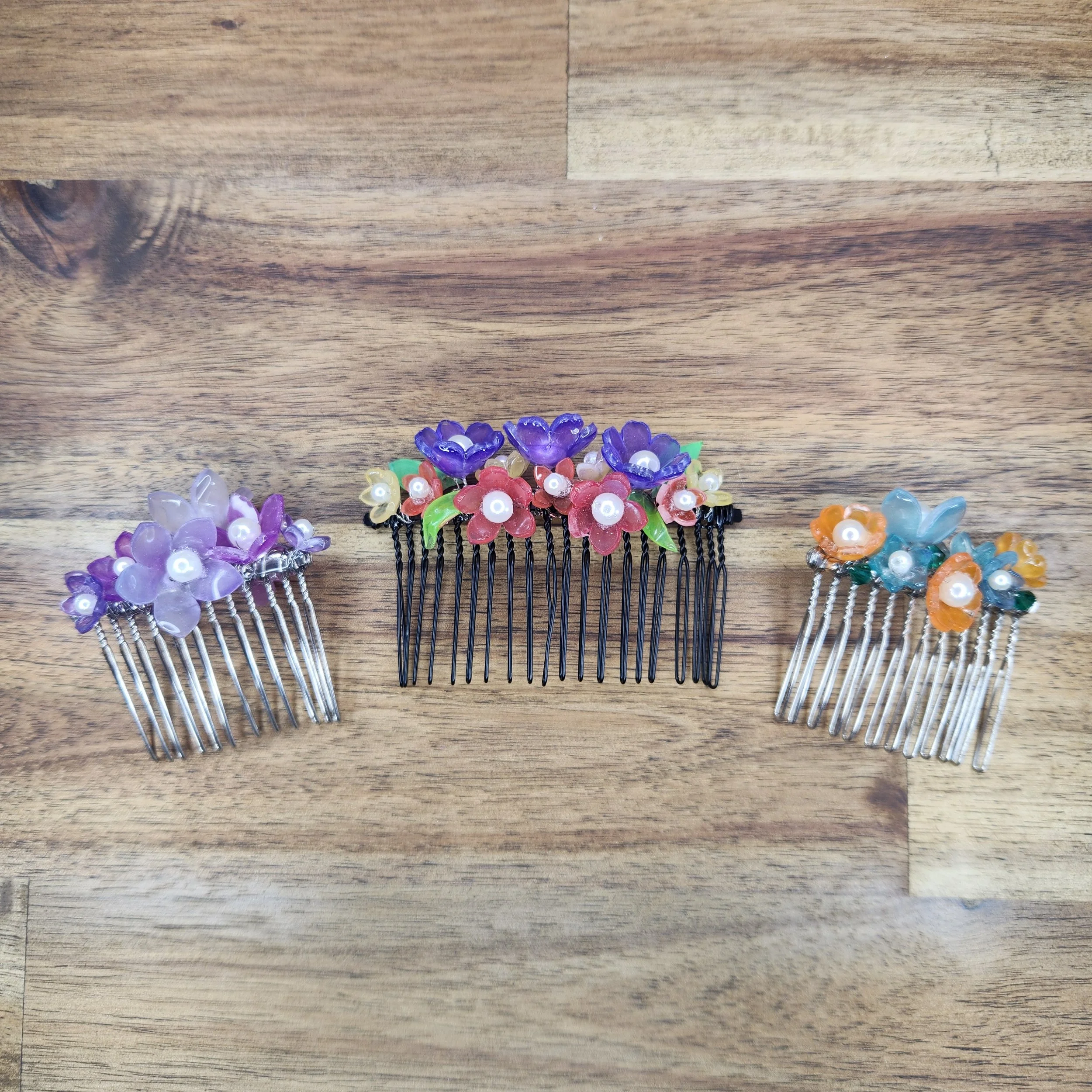 Resin Floral Hair Combs - Purples & Blues