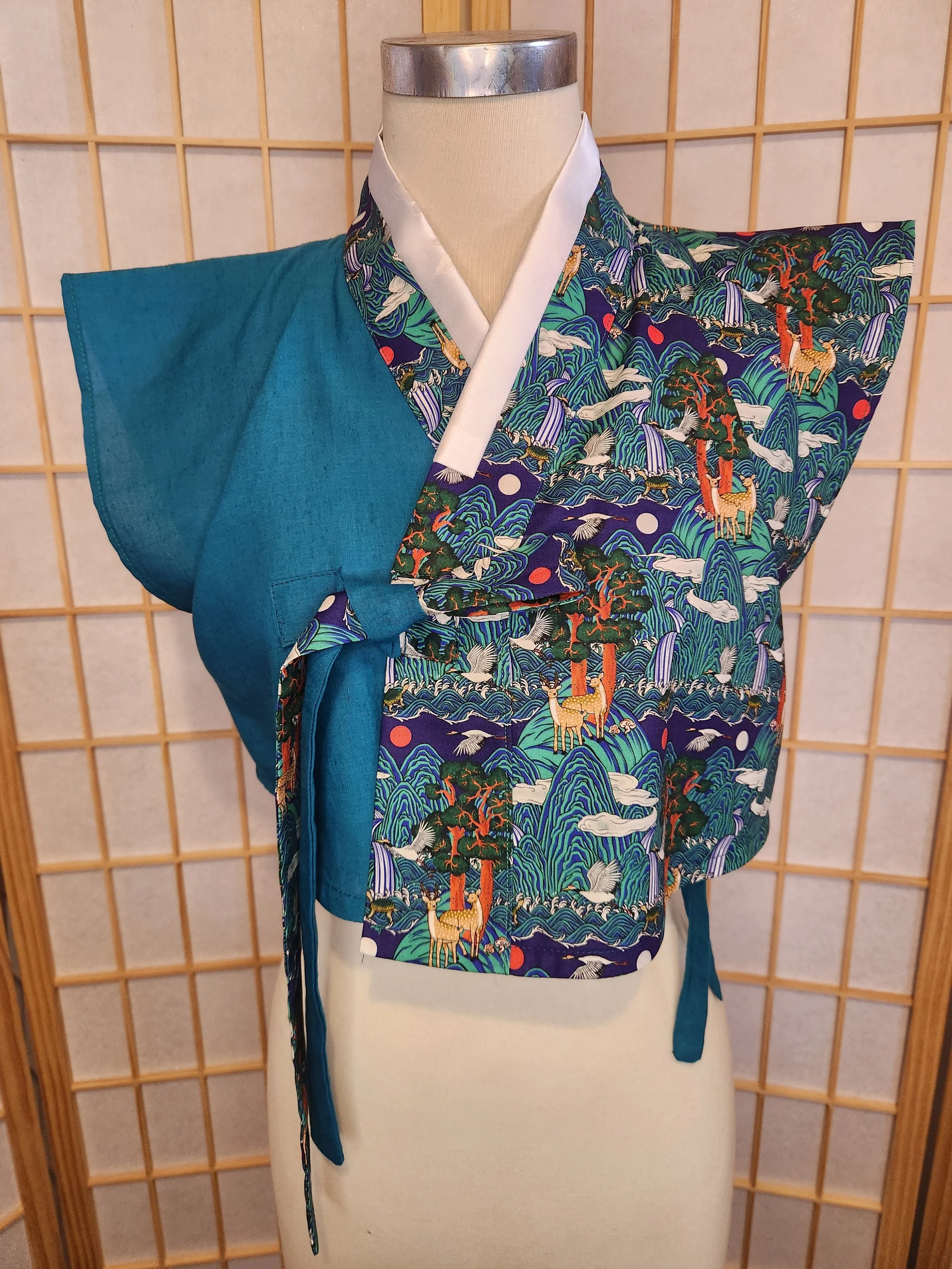 [M] Contemporary Hanbok Crop Style Top - Teal w Five Peaks Design