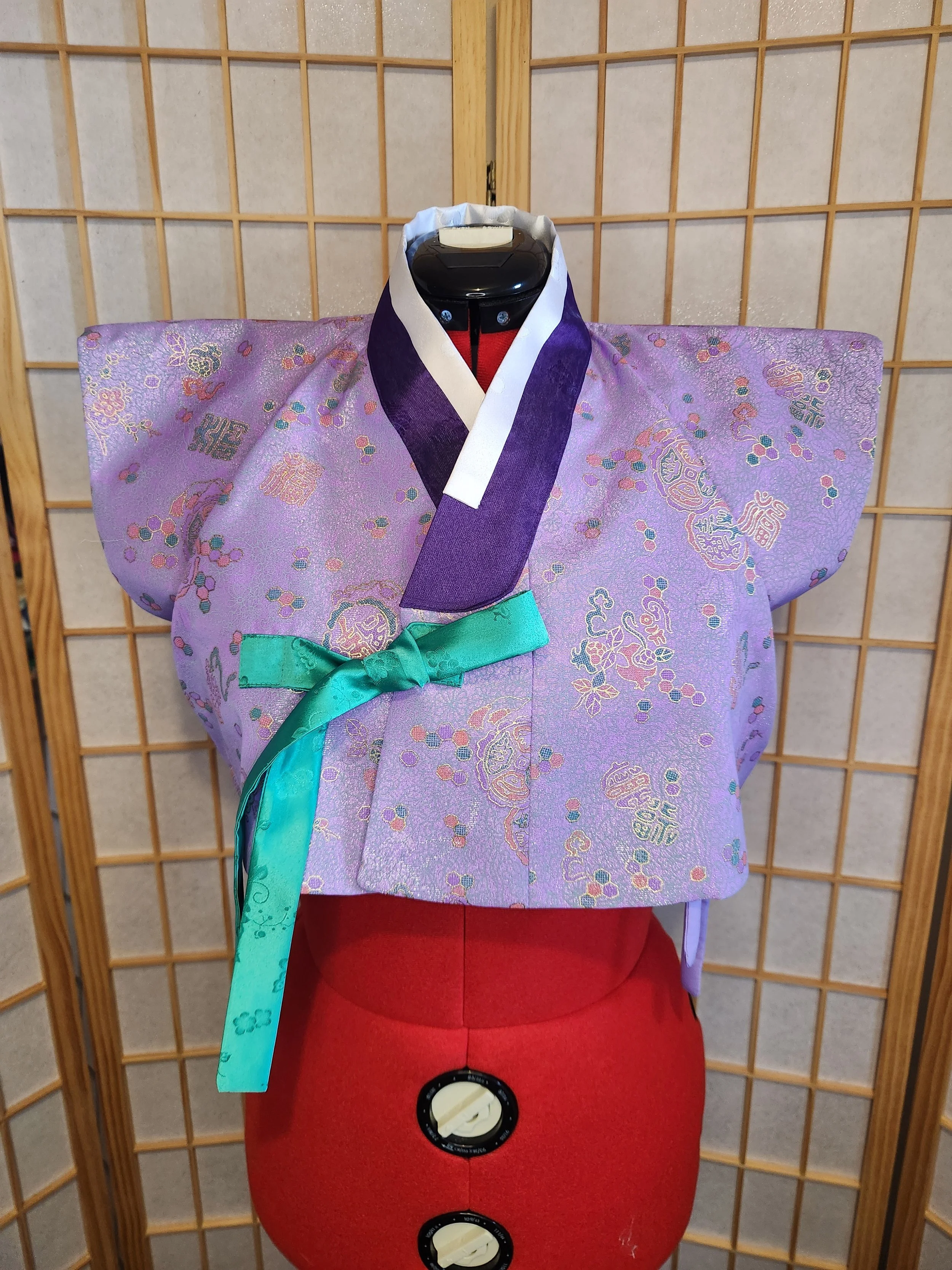 [L] Contemporary Hanbok Crop Style Top - Lilac w Traditional Print
