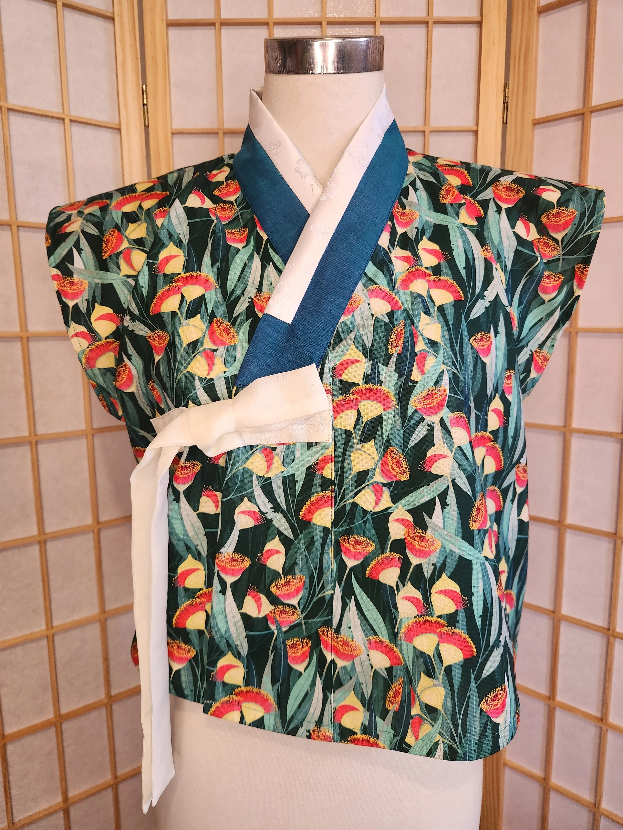 [L] Contemporary Hanbok Style Top - Teal/ Yellow/ Red Native Print