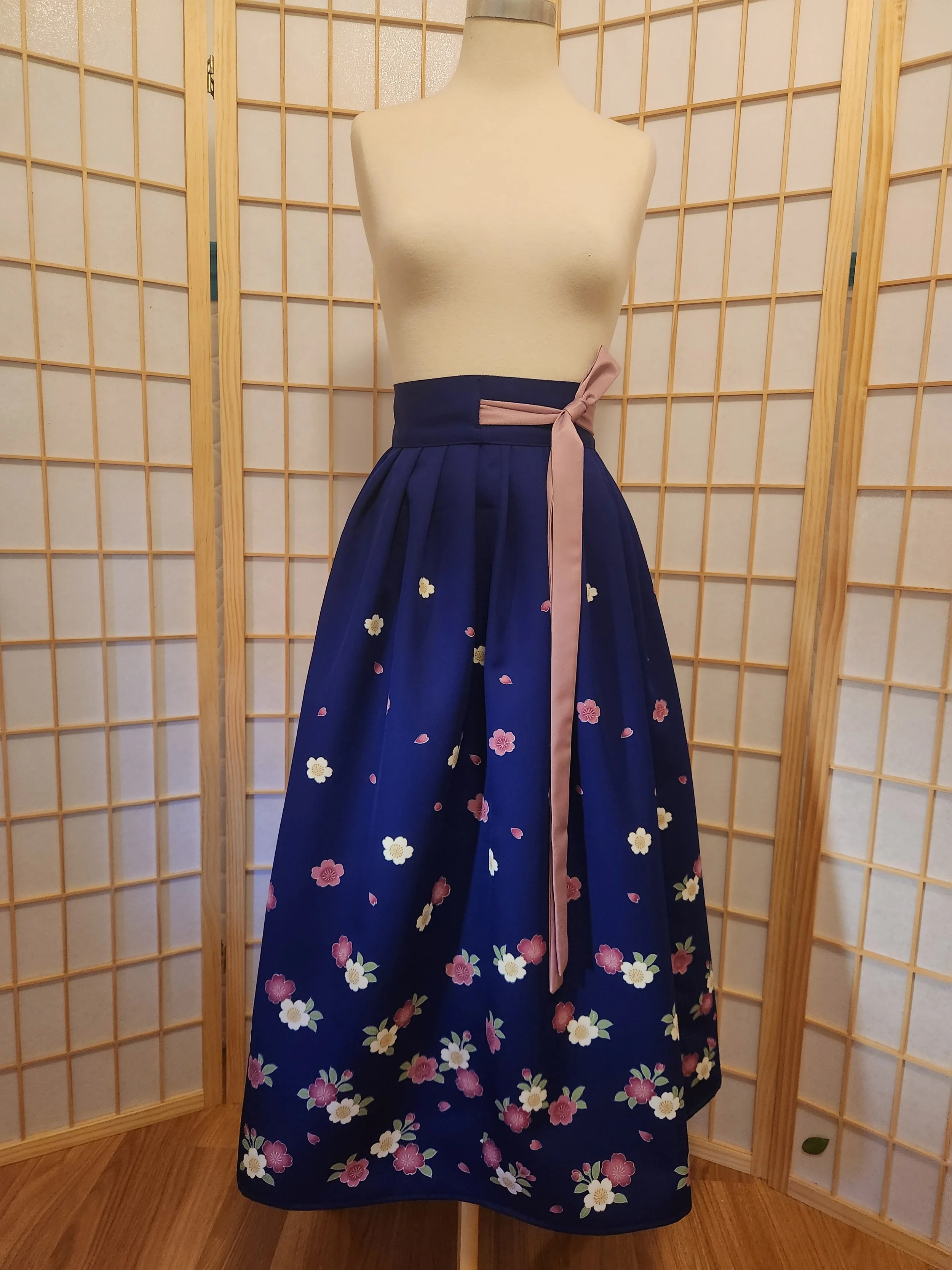 Contemporary Hanbok Skirt - Un-lined Blue Cherry Blossom
