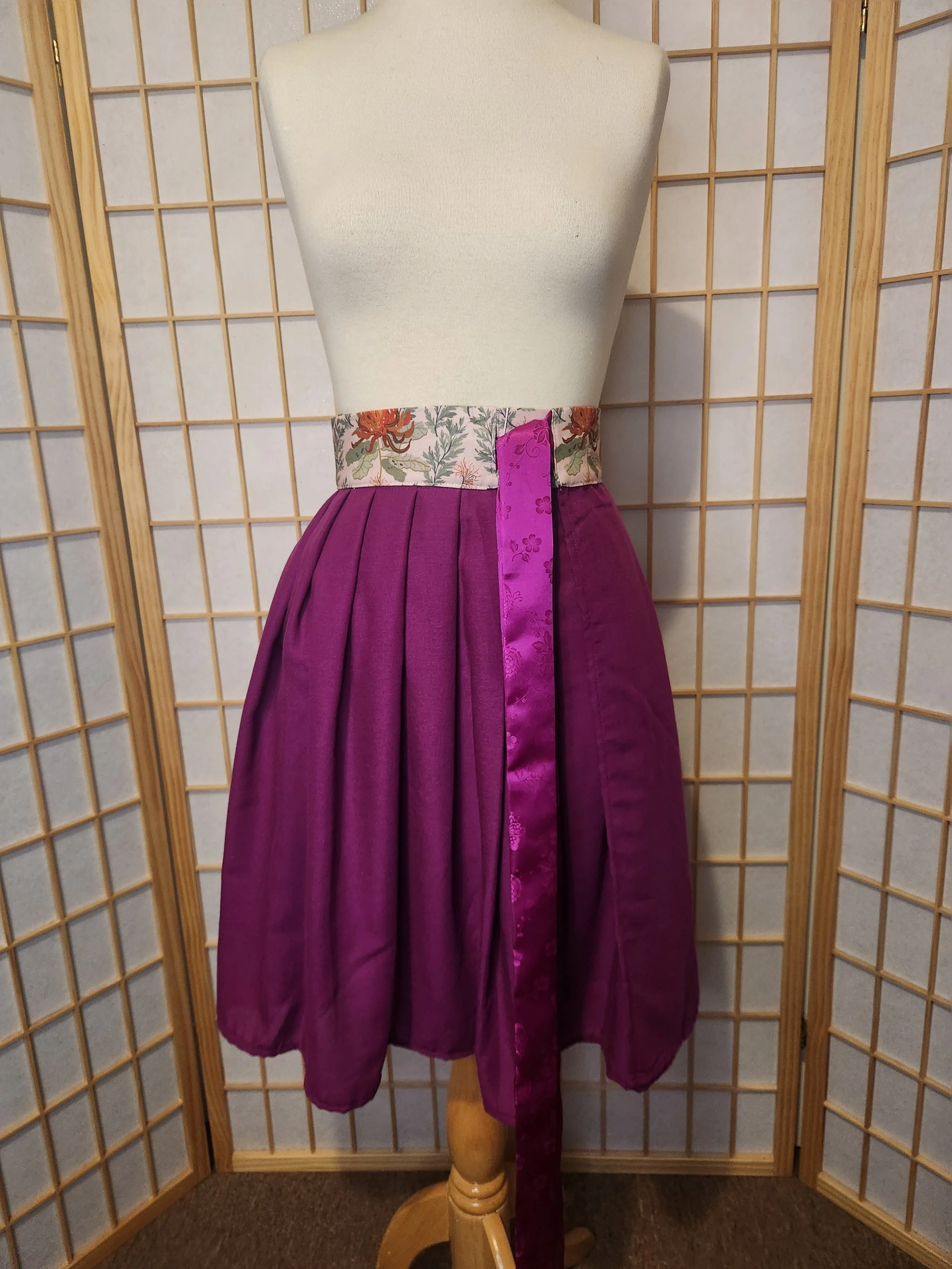 Contemporary Hanbok Skirt - Un-lined Violet & Pink Native Print [Wide]