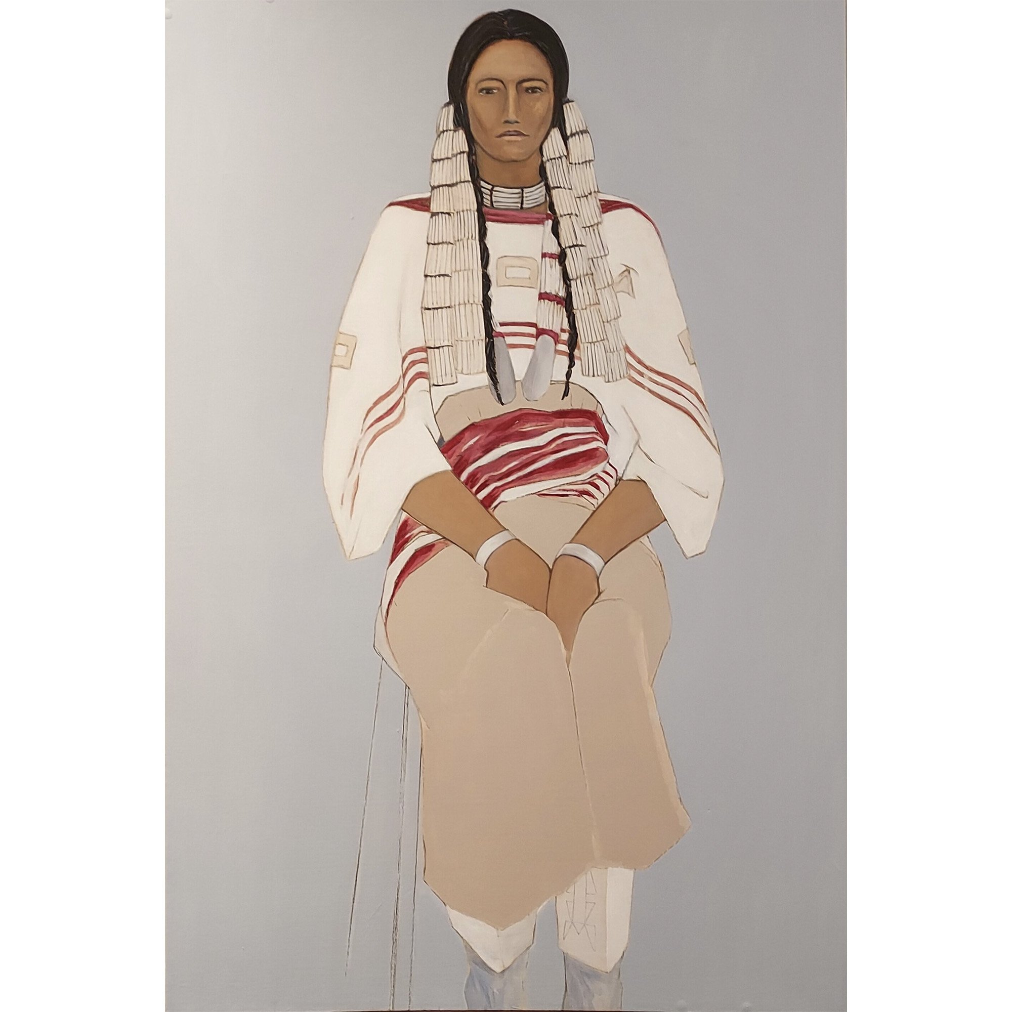 Painting of a Native American woman with long braids wearing traditional attire, sitting on a stool against a plain background.