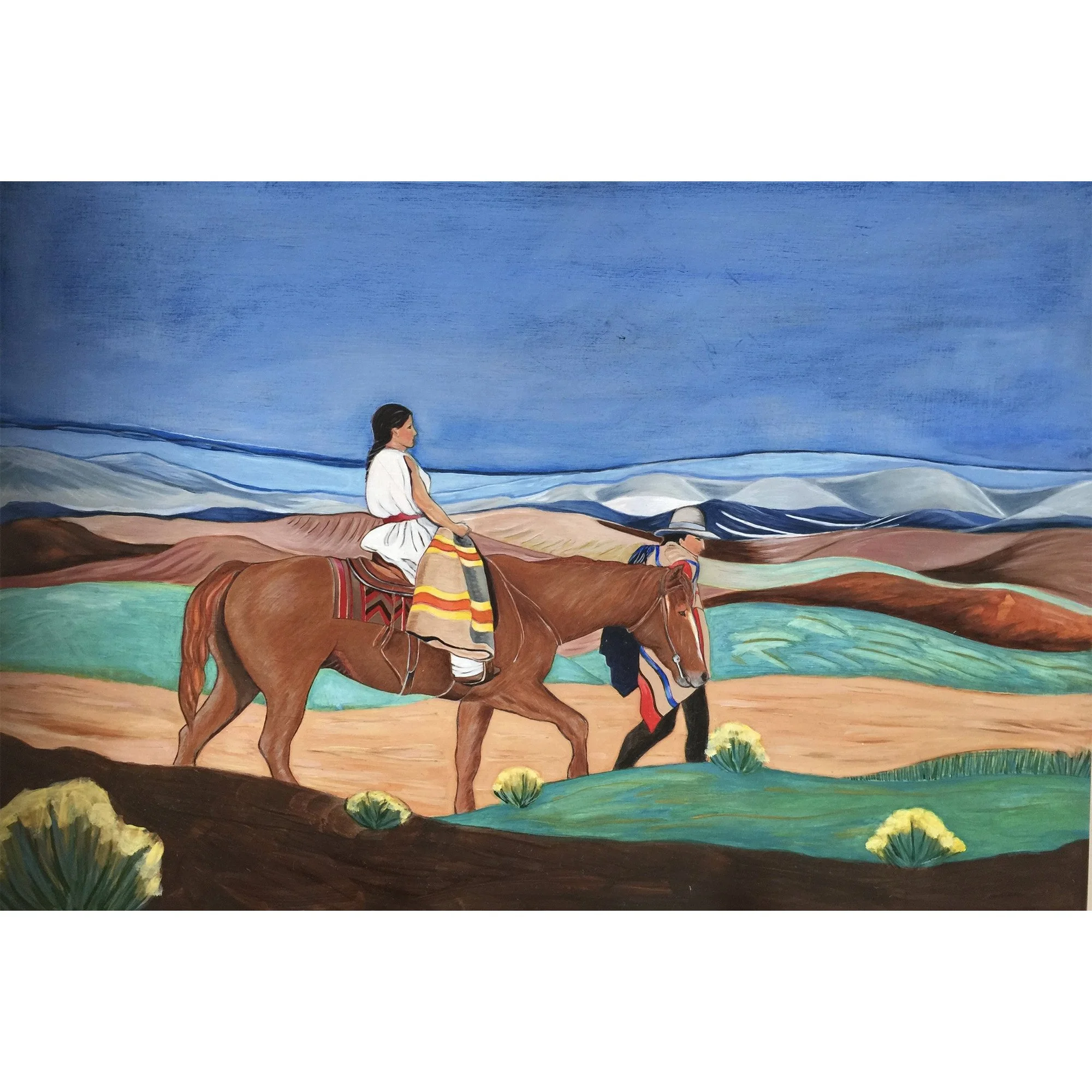 A painting of two Native Americans, a woman riding a brown horse and a man walking beside, in a landscape with rolling hills and mountains under a blue sky.