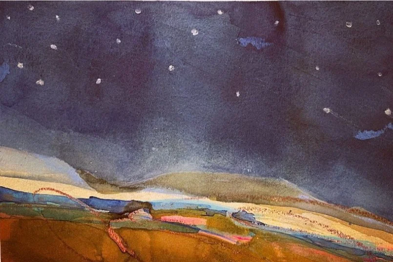 Watercolor painting of a landscape with a dark, starry night sky and rolling hills in earthy tones.