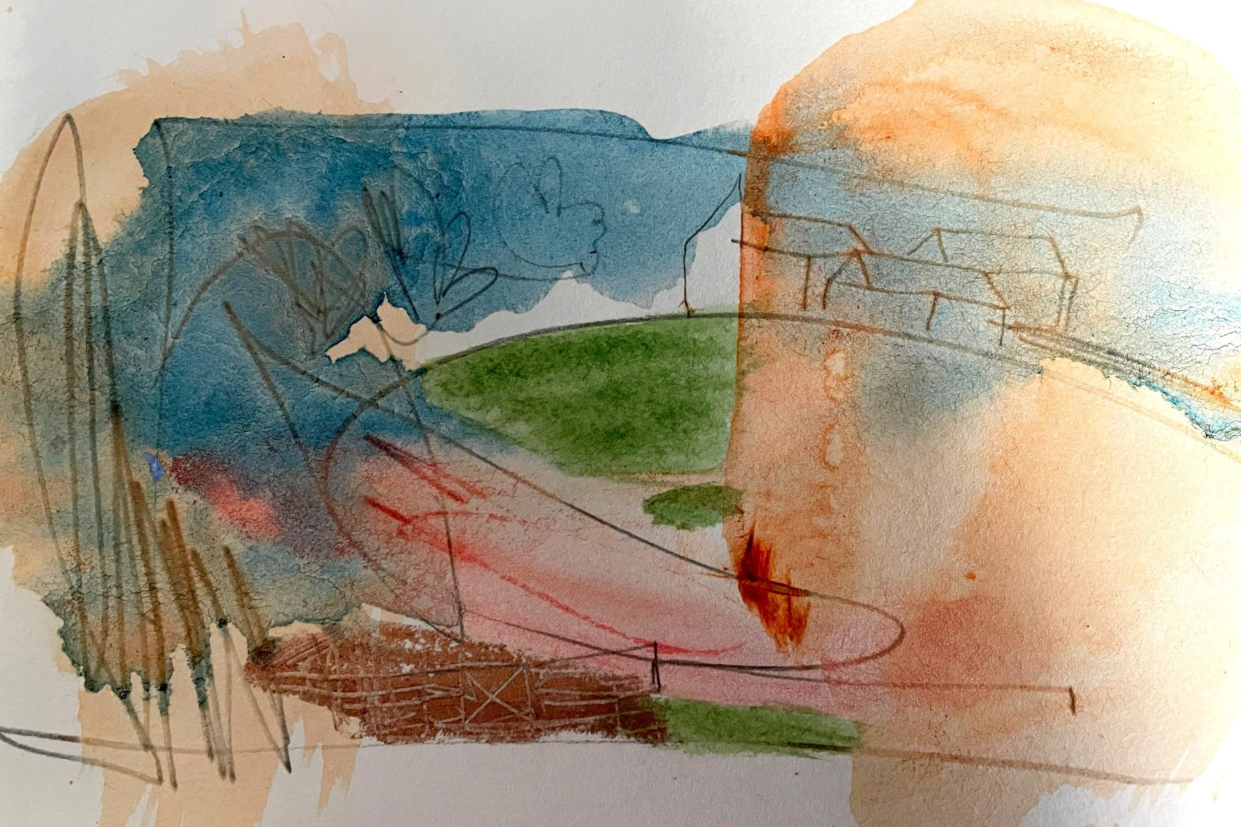 Abstract watercolor painting with shades of blue, green, orange, and red, featuring sketchy lines of trees, buildings, and landscape elements.