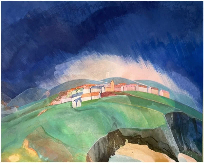 A colorful abstract landscape painting of a village on a lush green hillside with a dark blue sky in the background.
