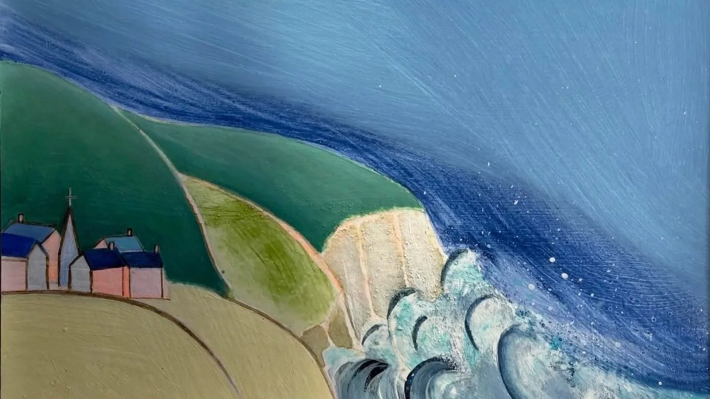 Village by the Sea with waves:  small original painting of houses and hills by the sea