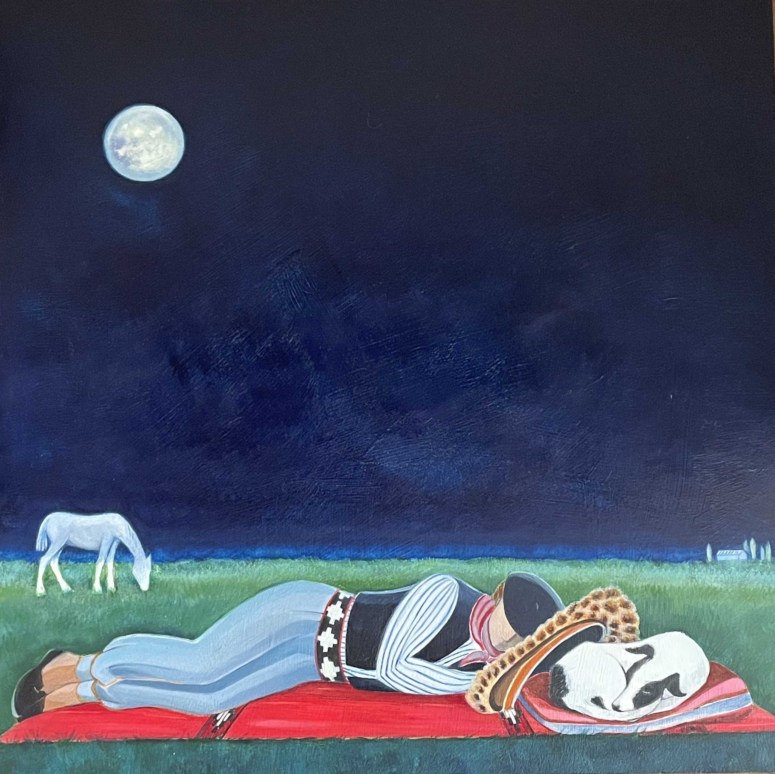 En el silencio de la noche: Gaucho and Horse and Dogs Original Oil Painting