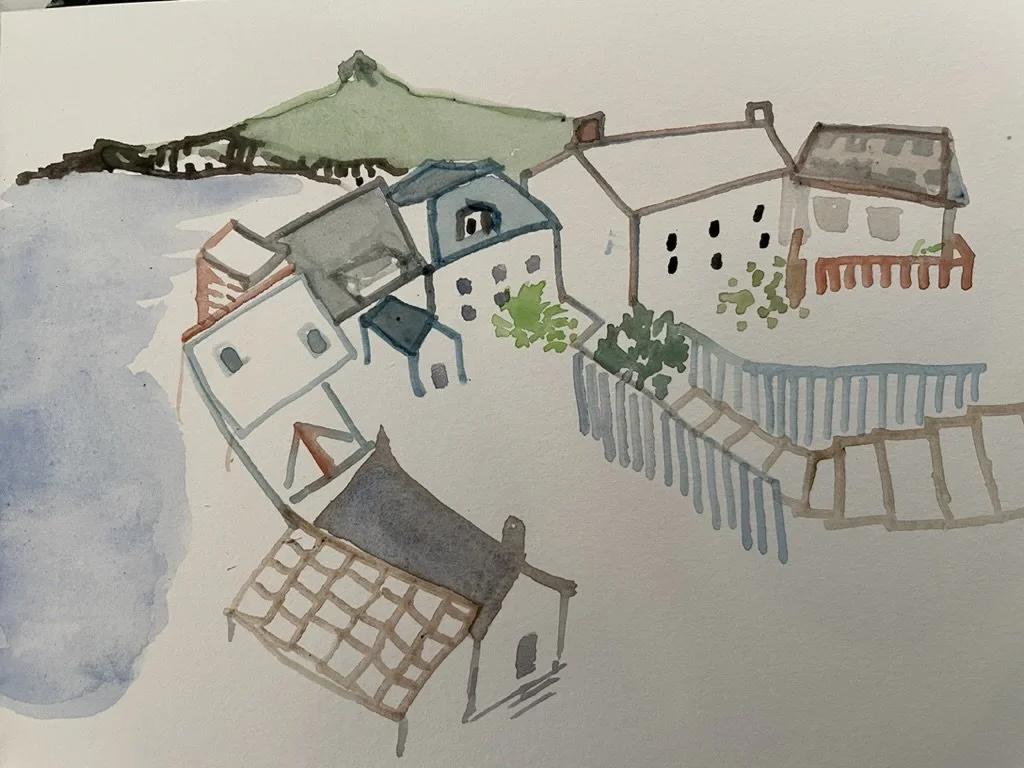 Watercolor illustration of a small village or neighborhood with houses, gardens, and fences near a body of water.