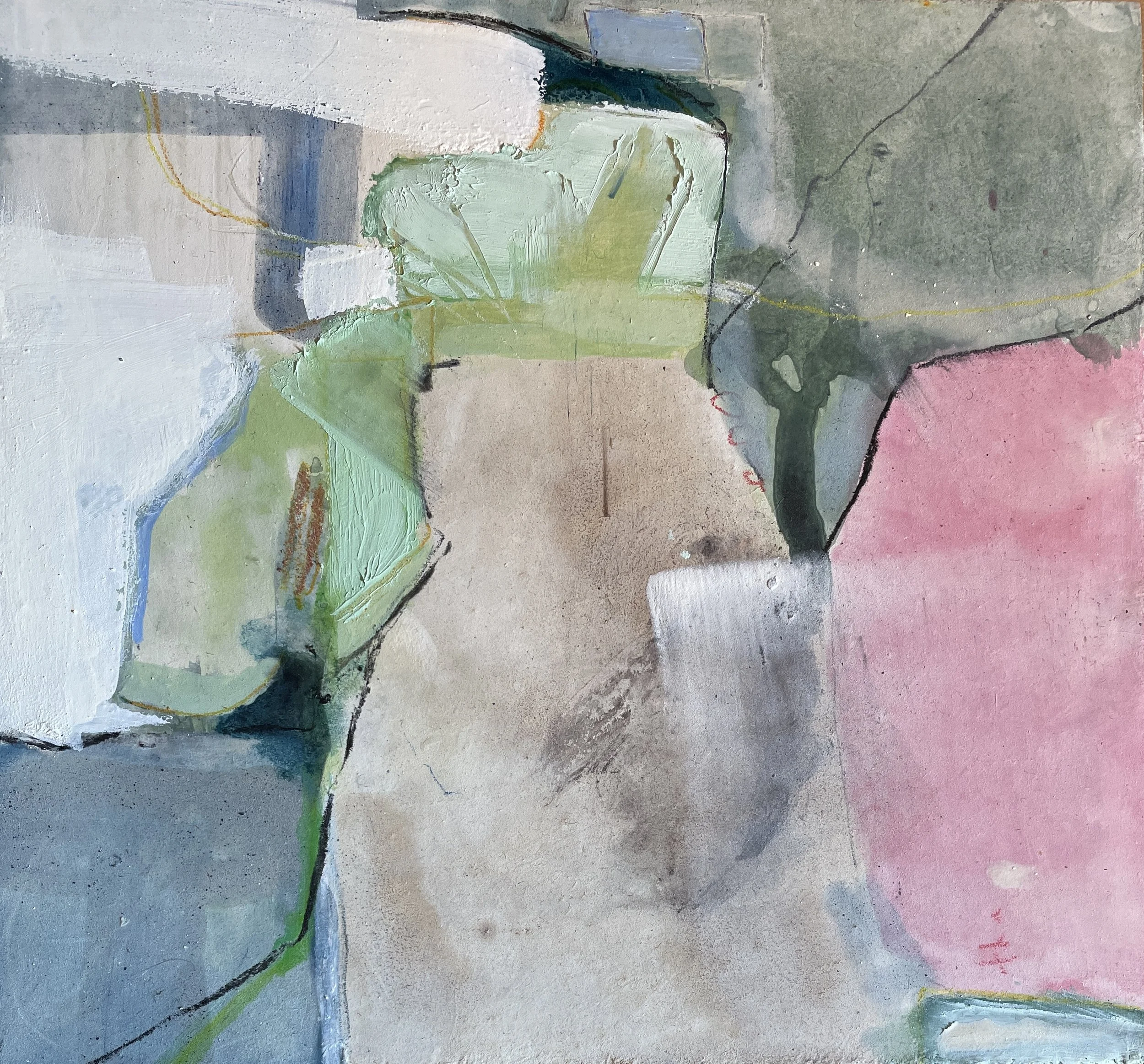 An abstract painting featuring various pastel and muted colors with bold black outlines and textured brushstrokes, on a textured surface.