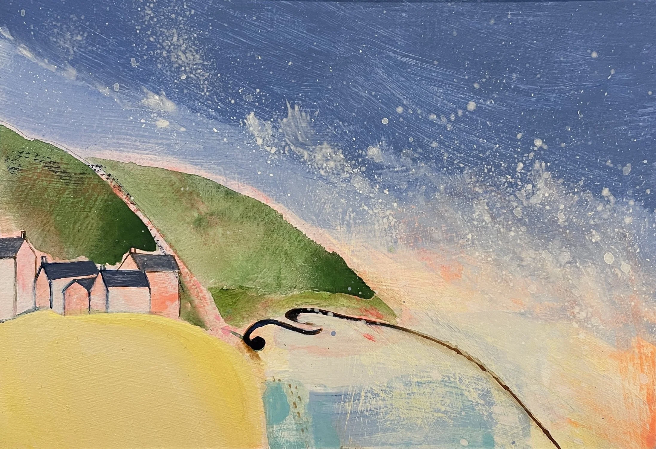 A watercolor painting featuring green hills, houses with black roofs, in front of a blue sky with white specks and streaks that resemble snow or rain.
