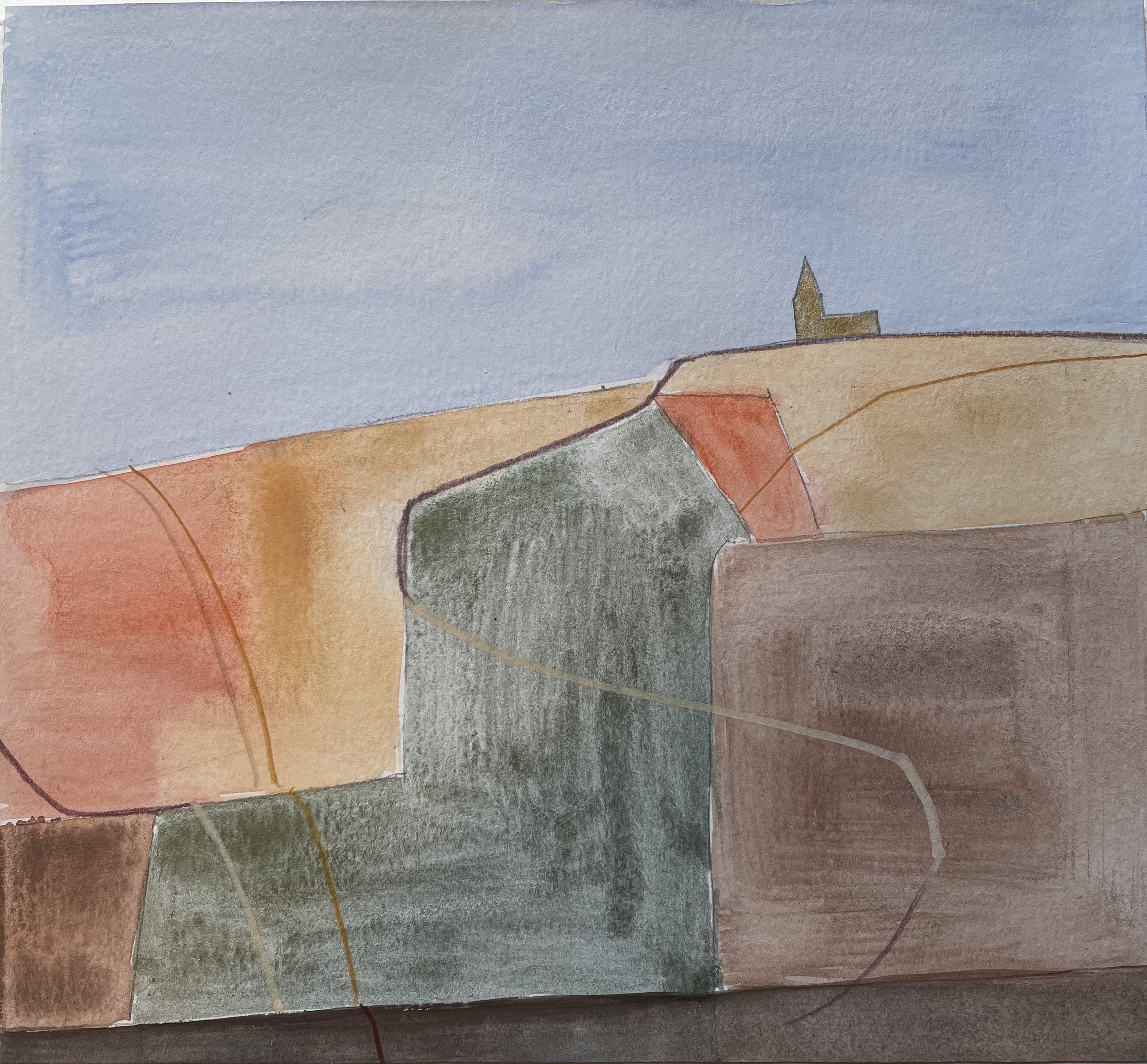 Abstract landscape watercolor with rolling hills in shades of orange, brown, green, and beige, and a building with a steeple on a distant hill under a blue sky.