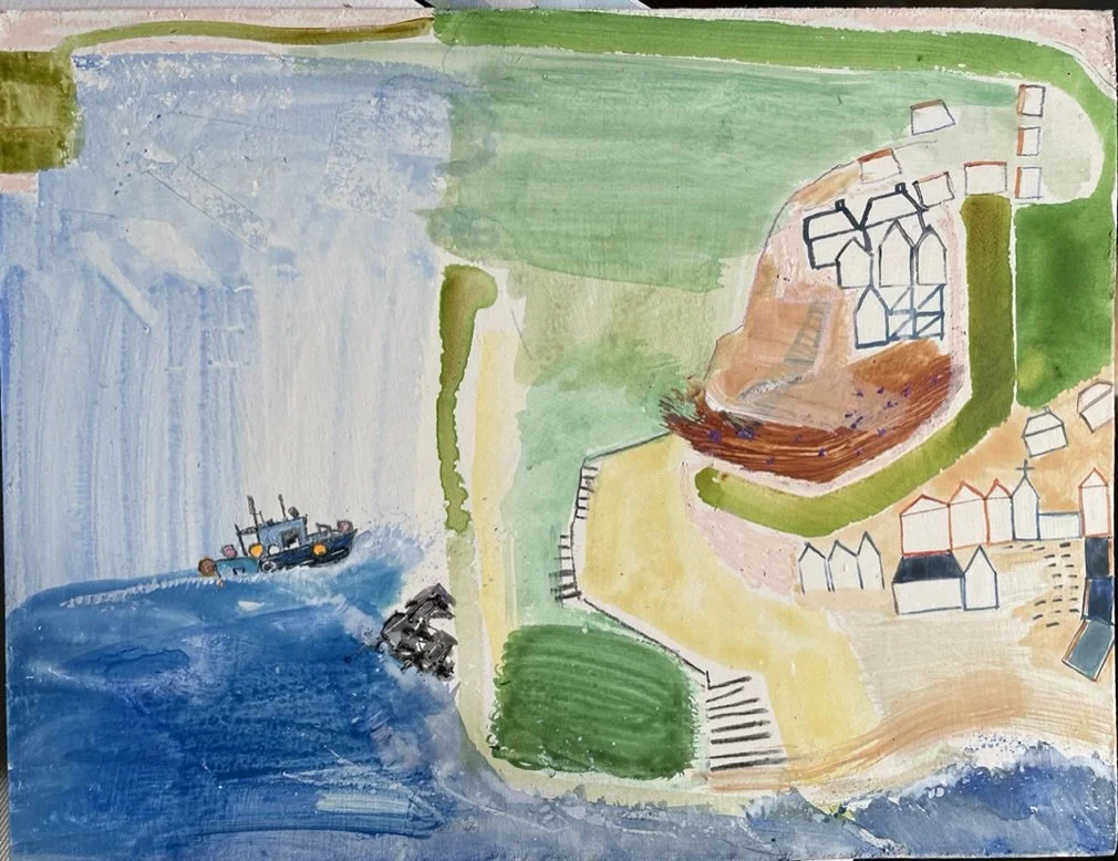 A watercolor painting of a coastal area with a boat on the water, green grassy land, and houses outlined in black and red, with a small brown hill or cliff.