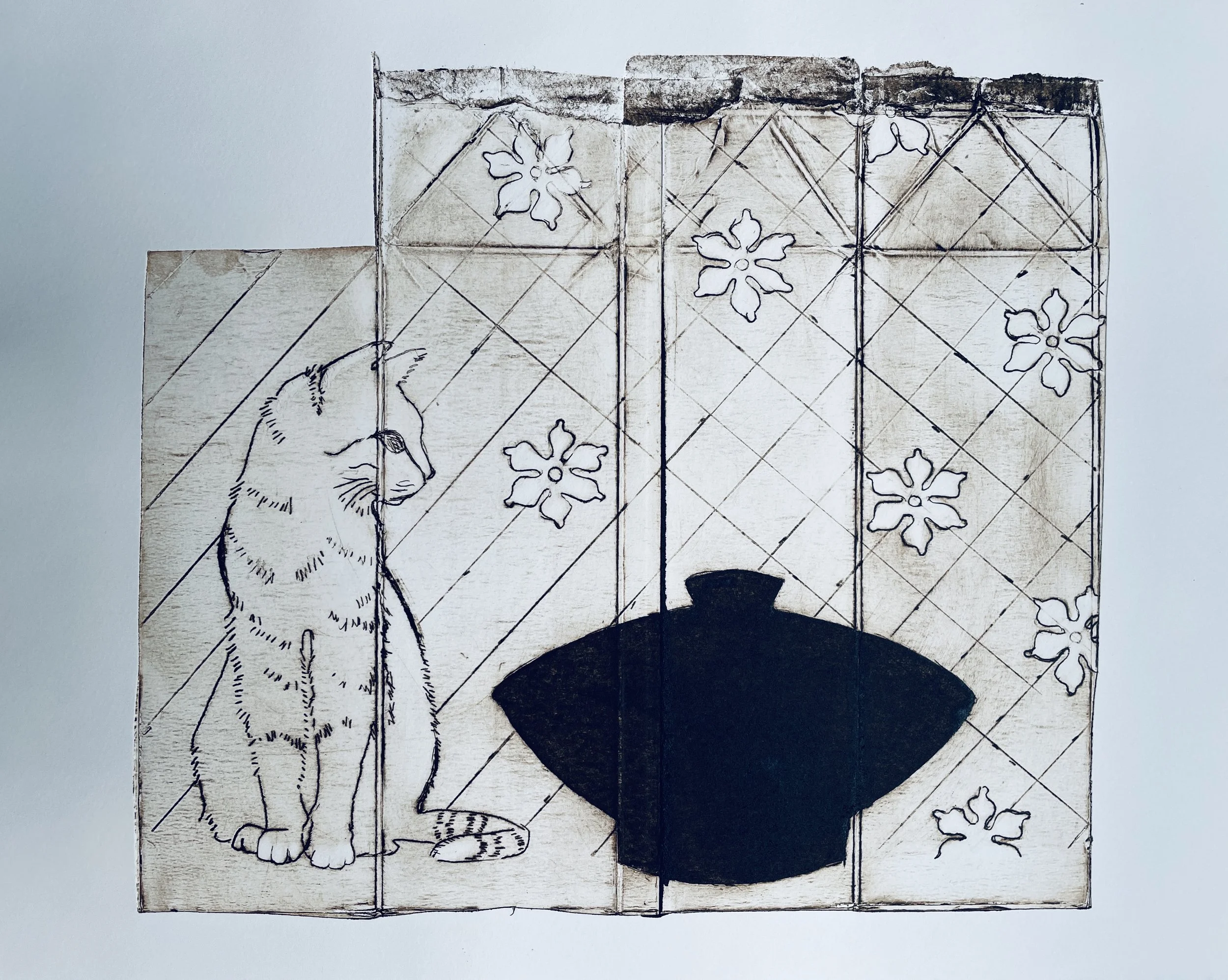 A framed wooden artwork featuring a line drawing of a sitting cat on the left, snowflake patterns, and a silhouette of a boat in the center.