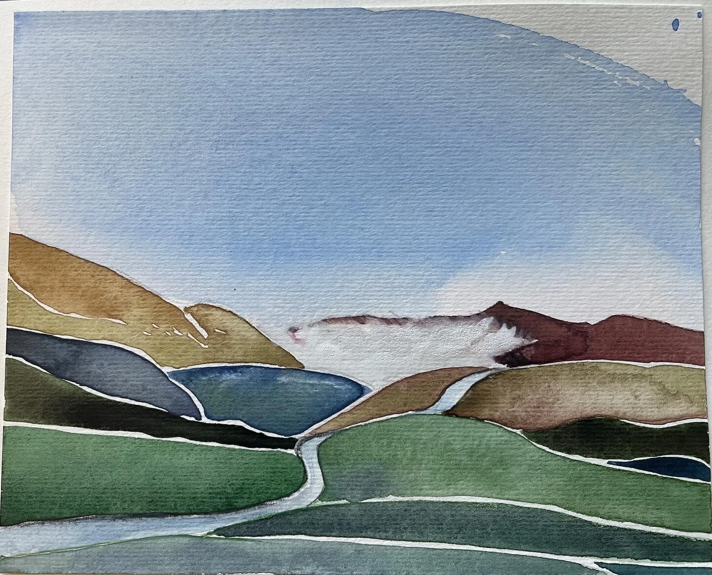 Watercolor painting of a landscape with rolling green hills, a small winding path, blue lakes, brown and red mountains in the distance, and a partly cloudy sky.  Scottish landscape.
