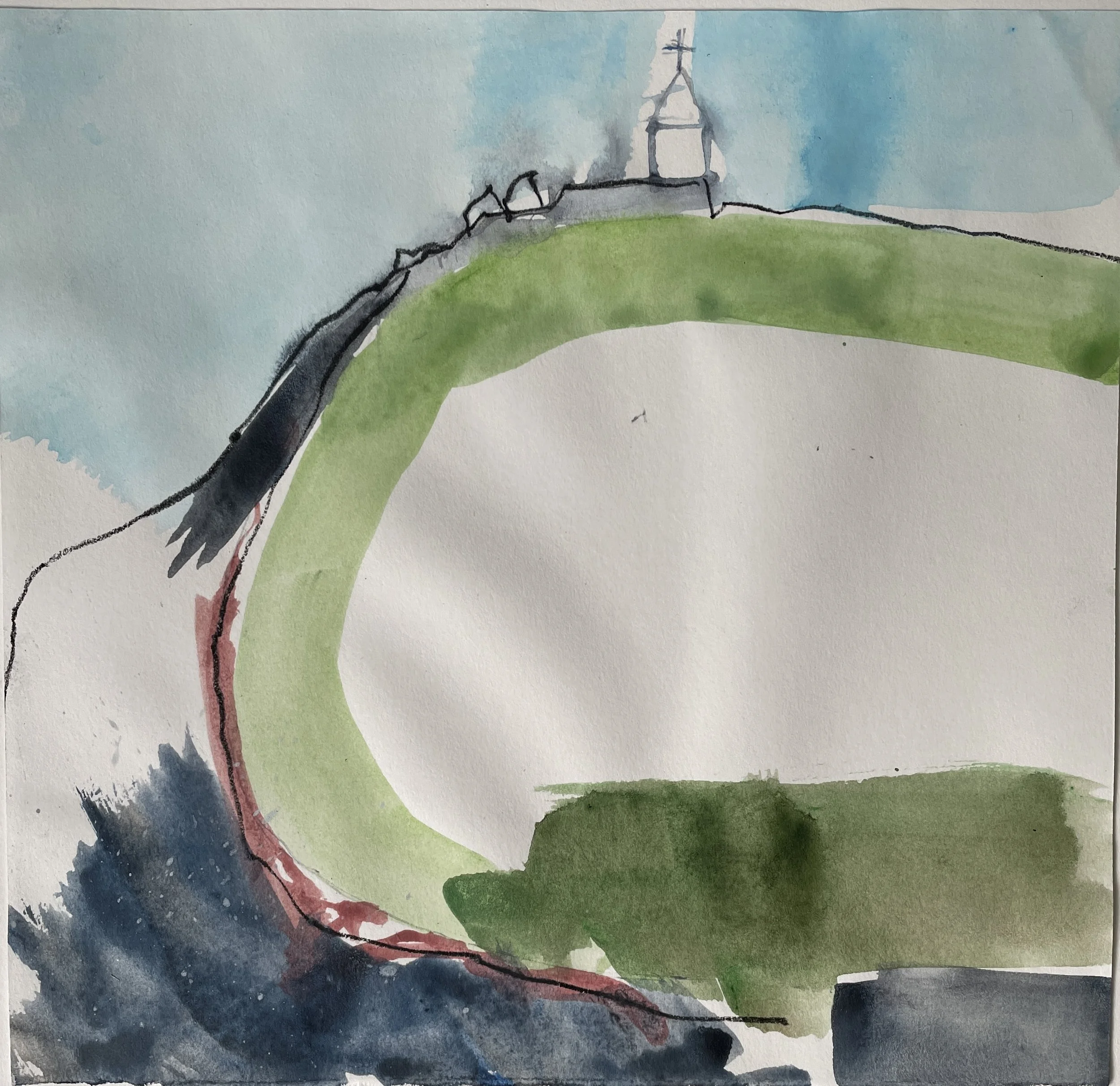 Watercolor sketch of a hilltop with a church and crosses at the top, surrounded by green and blue landscape.