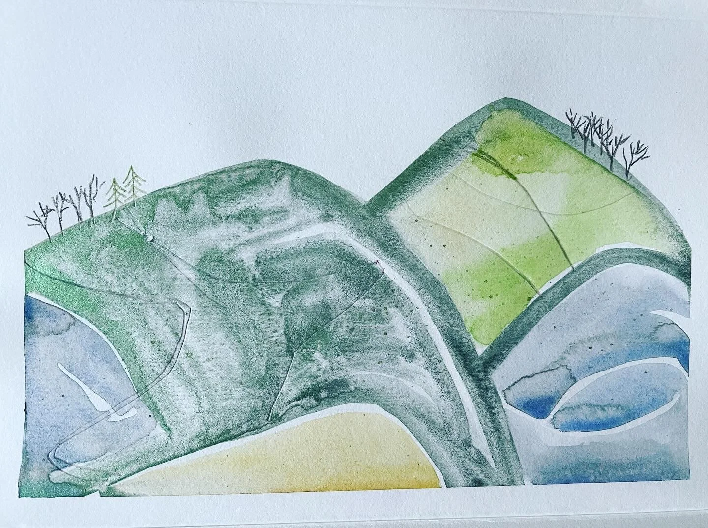 Watercolor painting of a mountain landscape with green and blue hills, a winding road, and leafless trees on the hilltops.