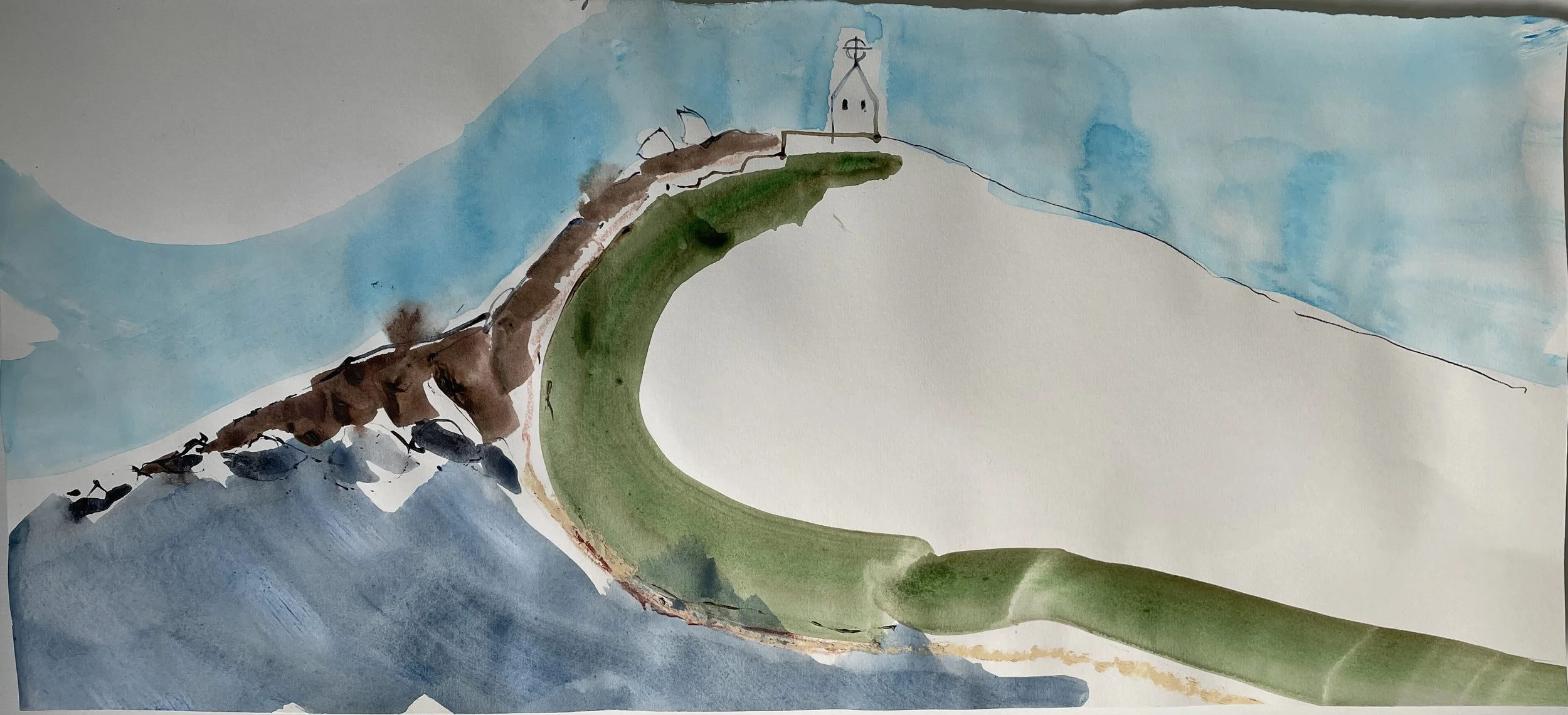 A watercolor painting of a coastal landscape with a hill featuring a small church, a path, and boats, with a blue sky.