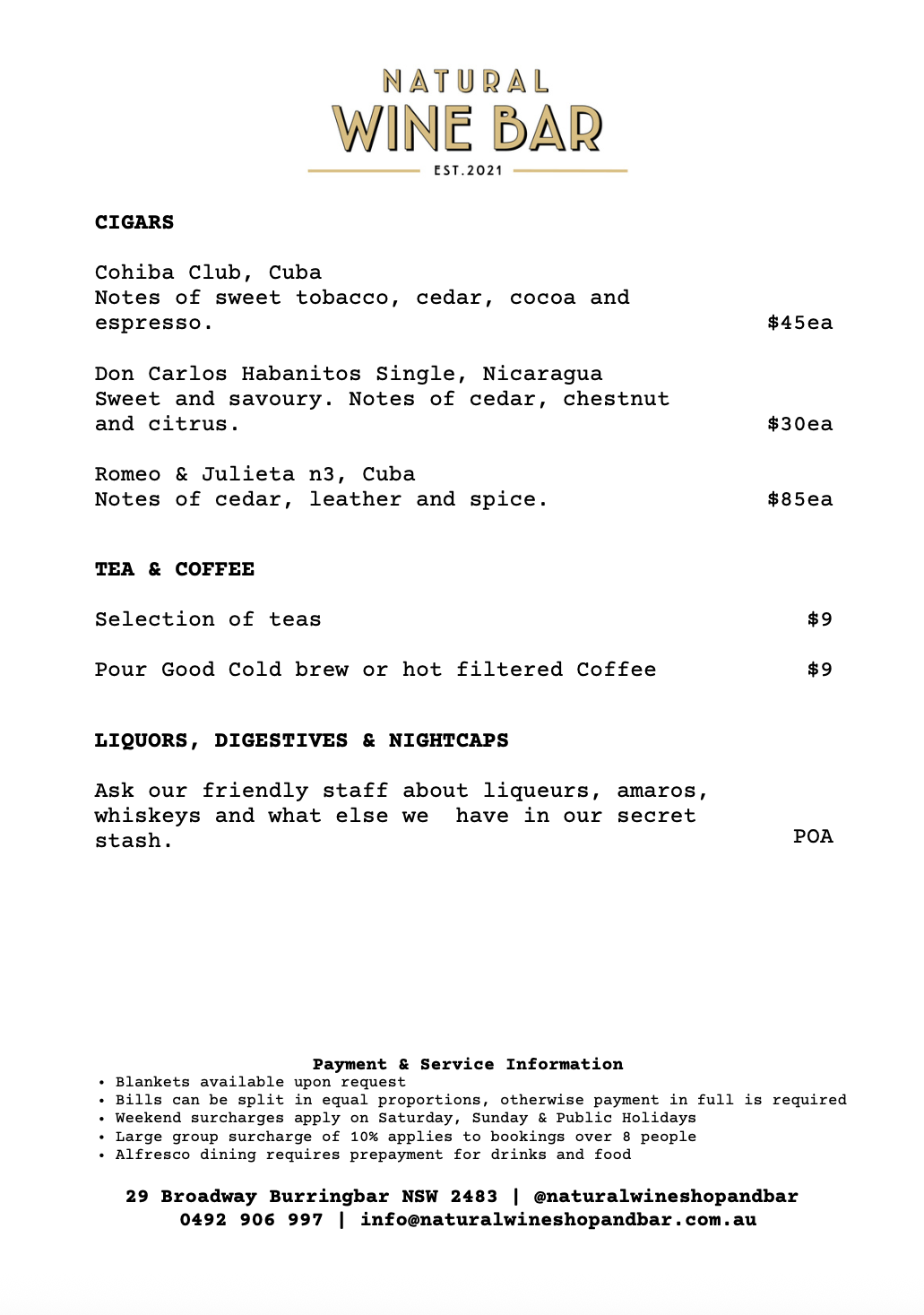 Natural Wine Shop & Bar: Menu for a natural wine bar featuring cigars, tea and coffee, and liquors, digestives, and nightcaps, with a list of specific items and prices.