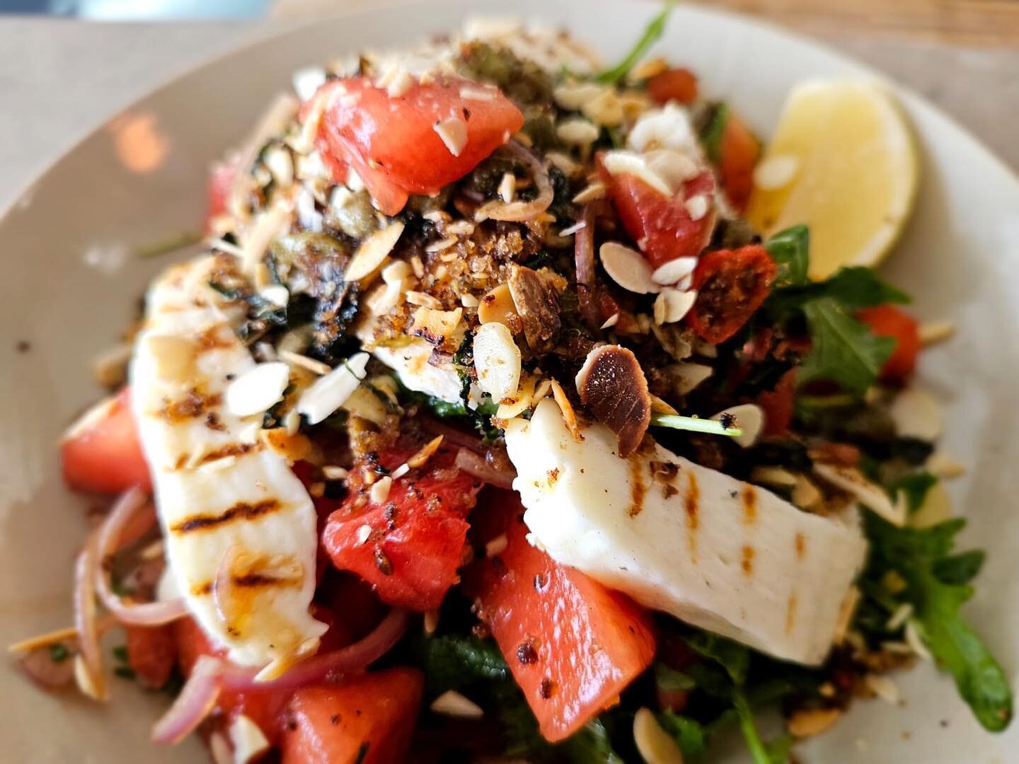 GORGEOUS SPECIAL!
On the board tomorrow:

Grilled halloumi, watermelon, mint, rocket and shallot salad with almond, chilli and caper pangrattato and balsamic dressing.
.
Come and grab it before it all goes!