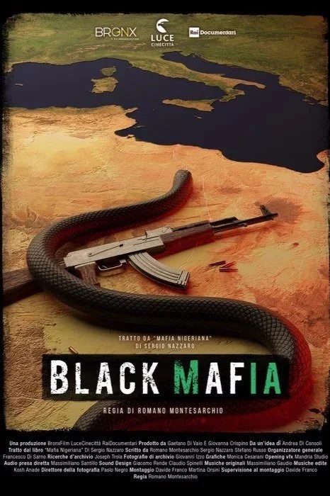 Locandina del documentario 'Black Mafia' con mappa di Lagos e un fucile con un serpente. Logo di Rai Documentari, Luce Cinecittà e Bronx Film.