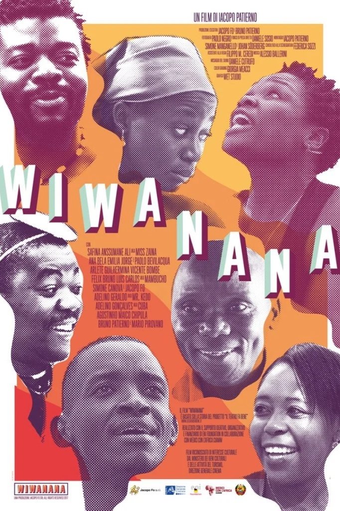 Locandina del film 'Wiwanana' con ritratti di diversi giovani, con testo in italiano e i nomi degli attori e registi.