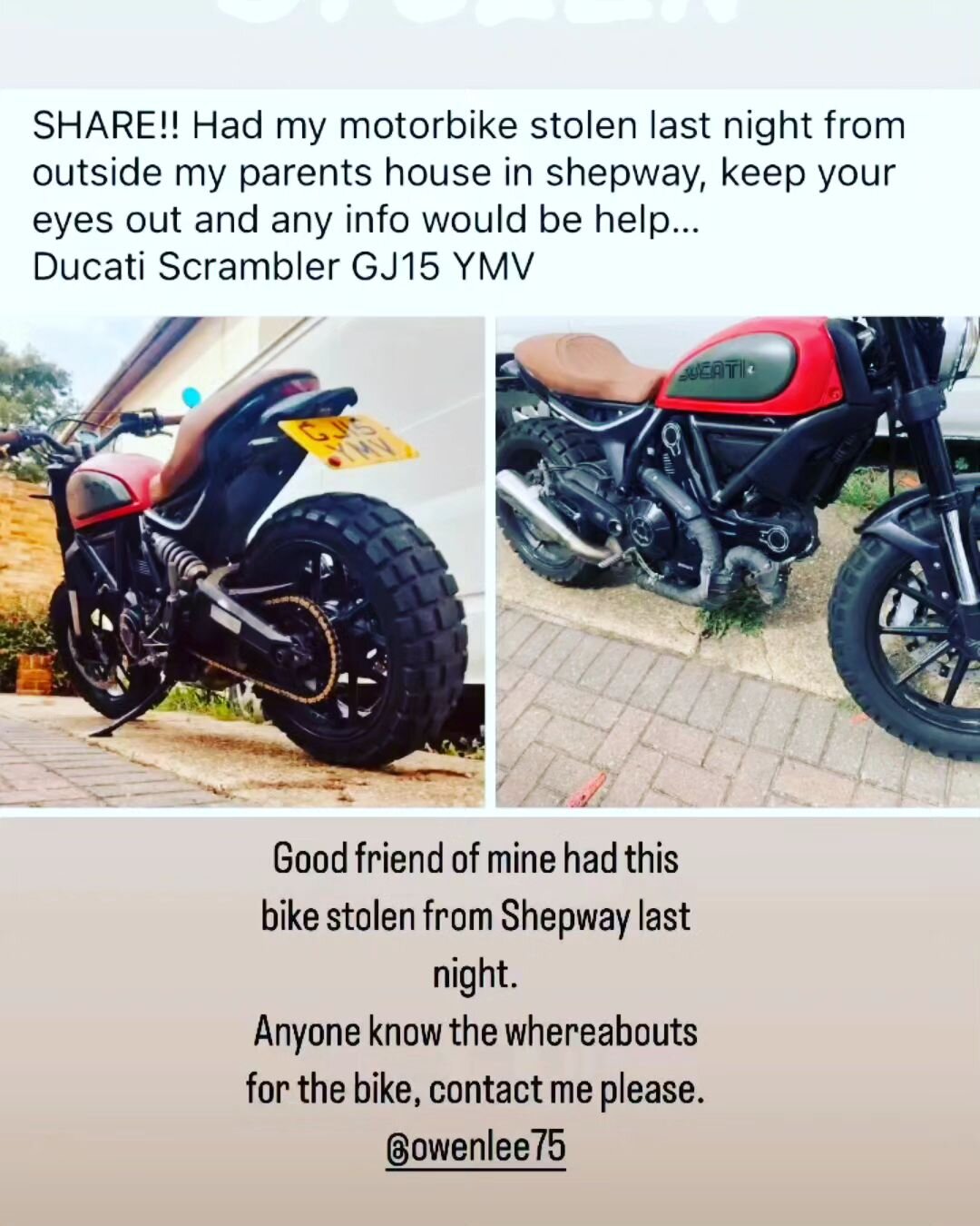 If anyone see's or hear's of this (very distinctive) bike, please let us know or Lee directly ASAP 👍👍👍👍👍