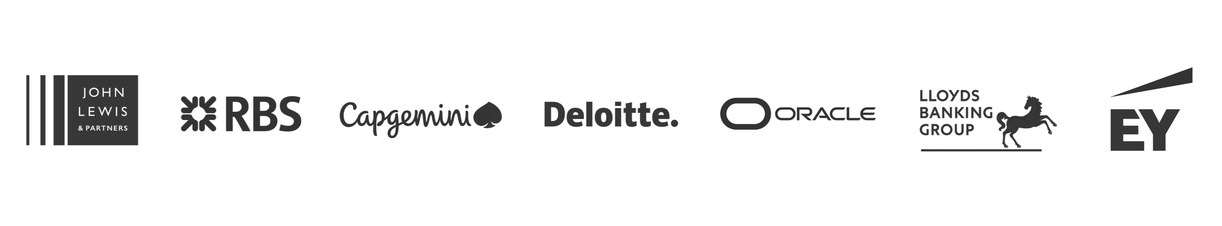 Company logos for John Lewis & Partners, RBS, Capgemini, Deloitte, Oracle, Lloyds Banking Group & EY