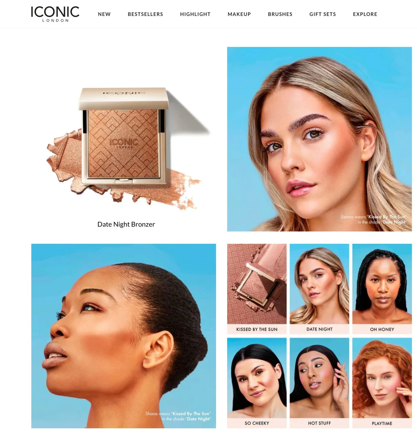 Screenshot of the ICONIC London website featuring the Date Night Bronzer and images of diverse women with different makeup looks.